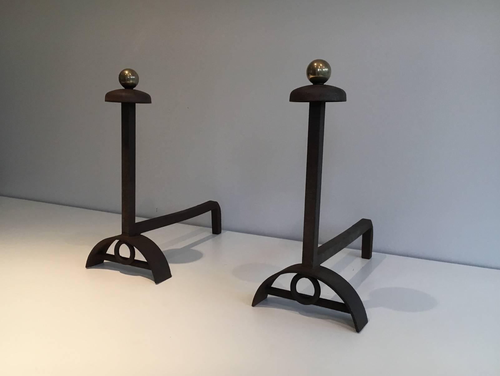 Post-Modern Pair of Modernist Brushed Steel and Brass Andirons