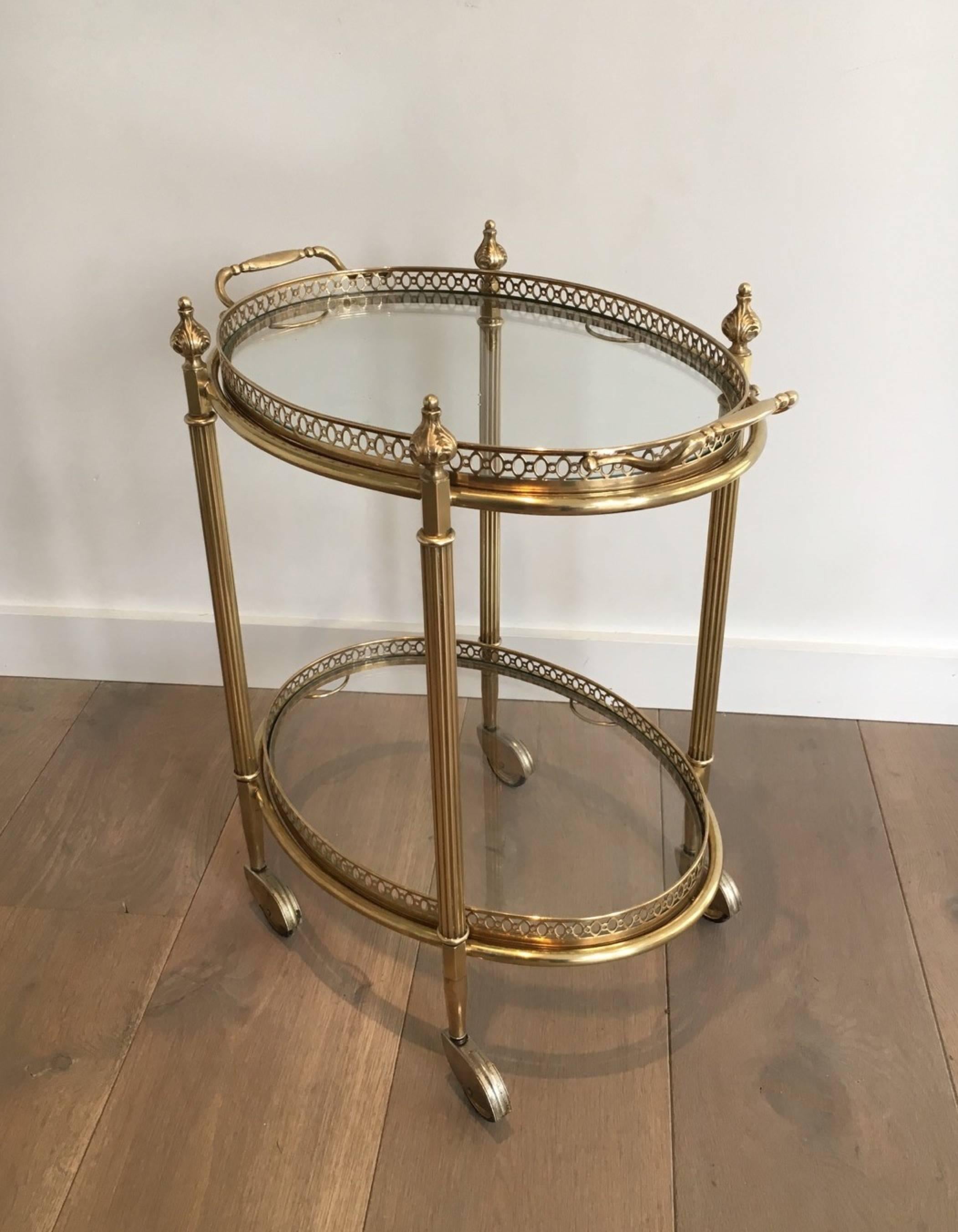 Neoclassical oval brass bar cart with removable trays. Attributed to Maison Baguès, French, circa 1940

This piece is currently in France, please allow 4 to 6 weeks for delivery. Shipping to our warehouse in Long Island City is included in the