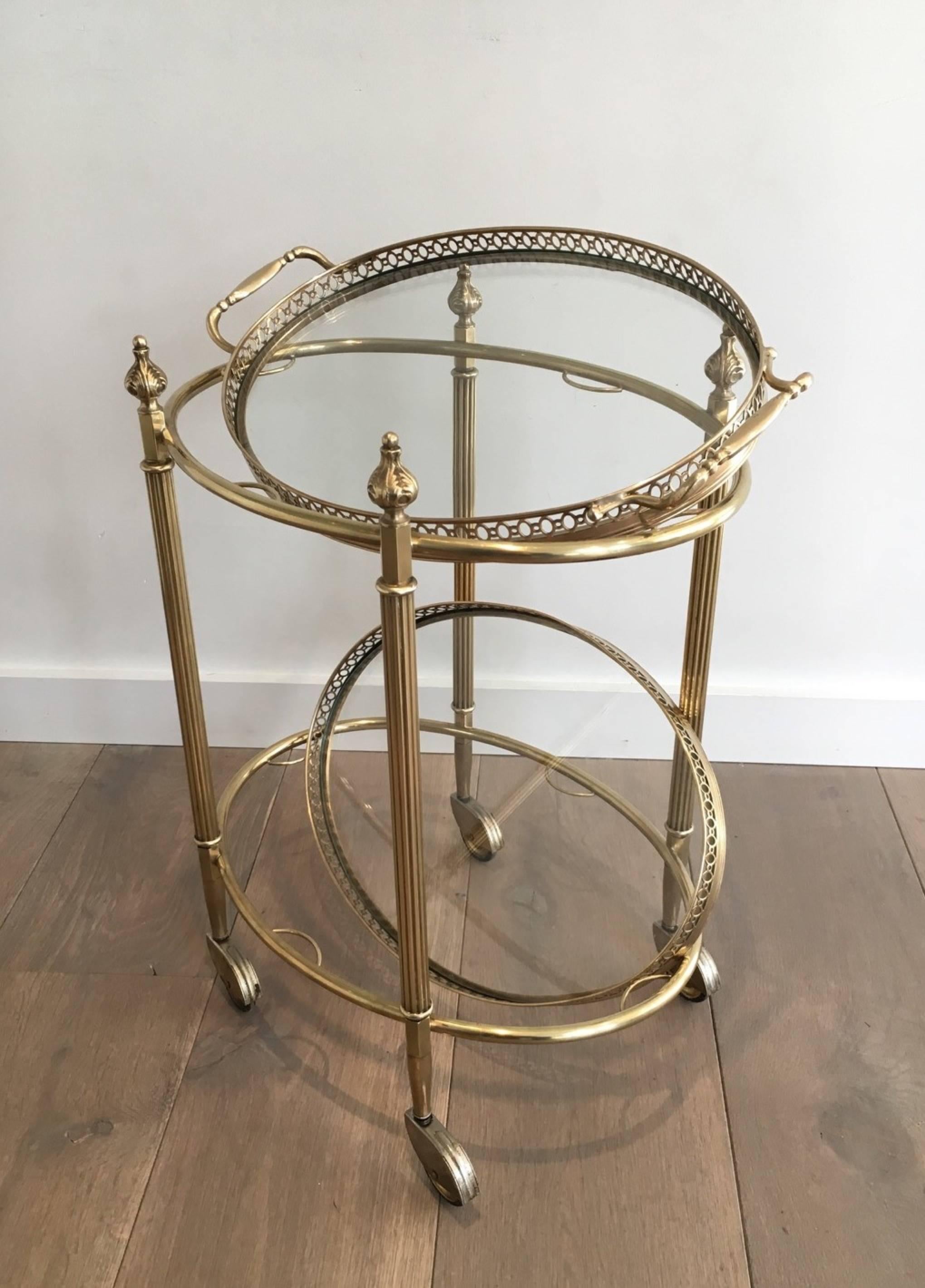 French Neoclassical Oval Brass Bar Cart Attributed to Maison Baguès
