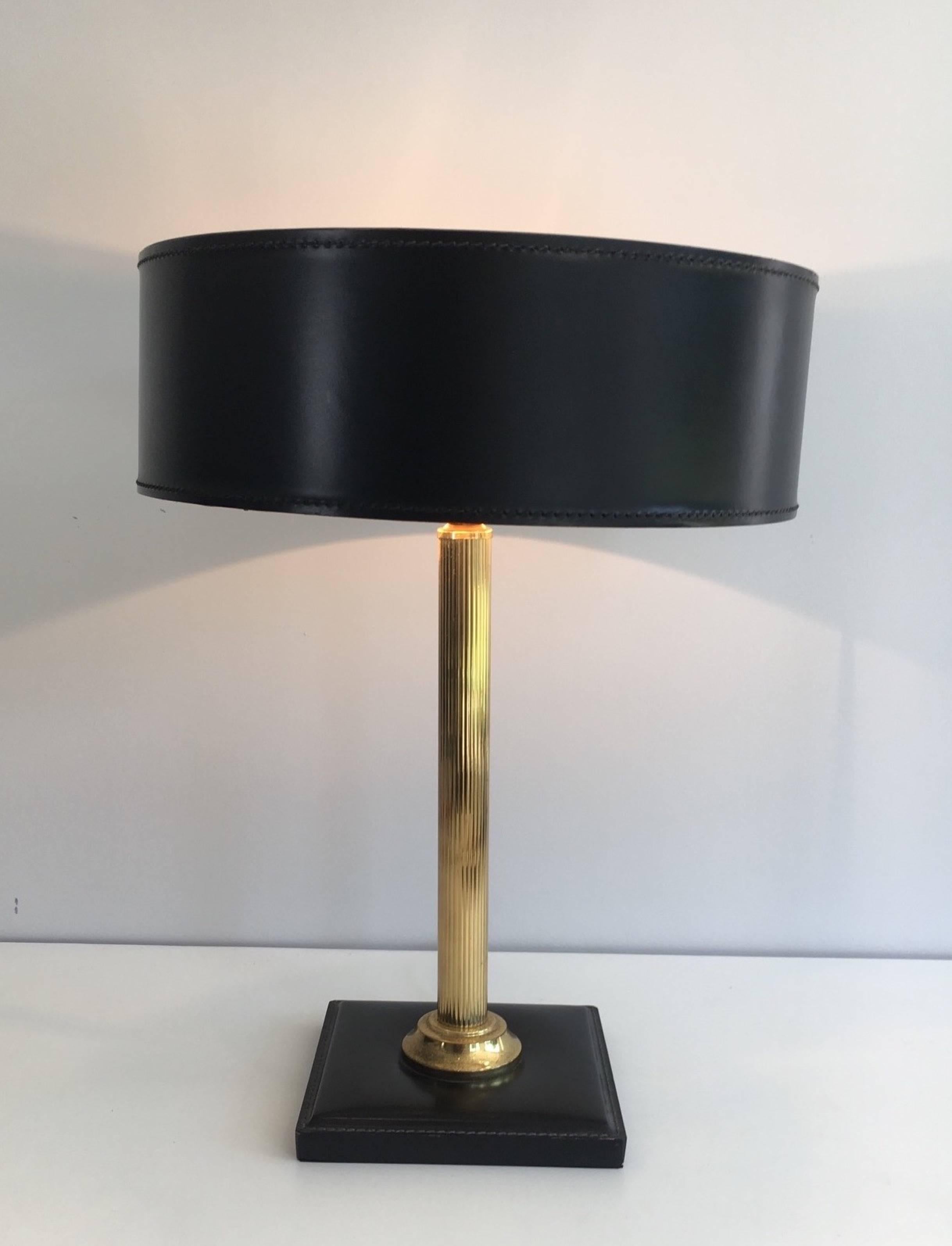 Mid-Century Modern Brass and Black Leather Lamp in the Style of Jacques Adnet