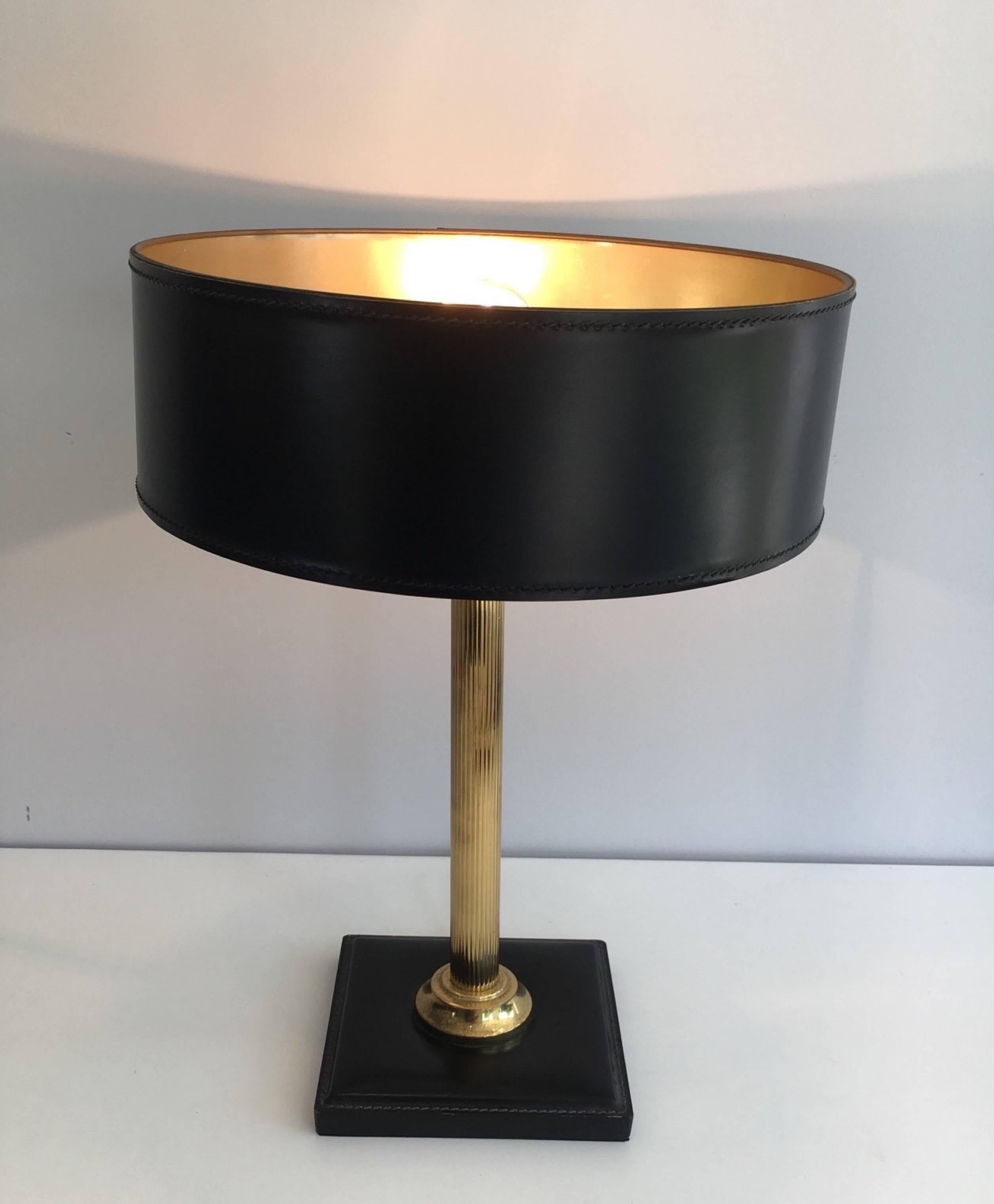 French Brass and Black Leather Lamp in the Style of Jacques Adnet