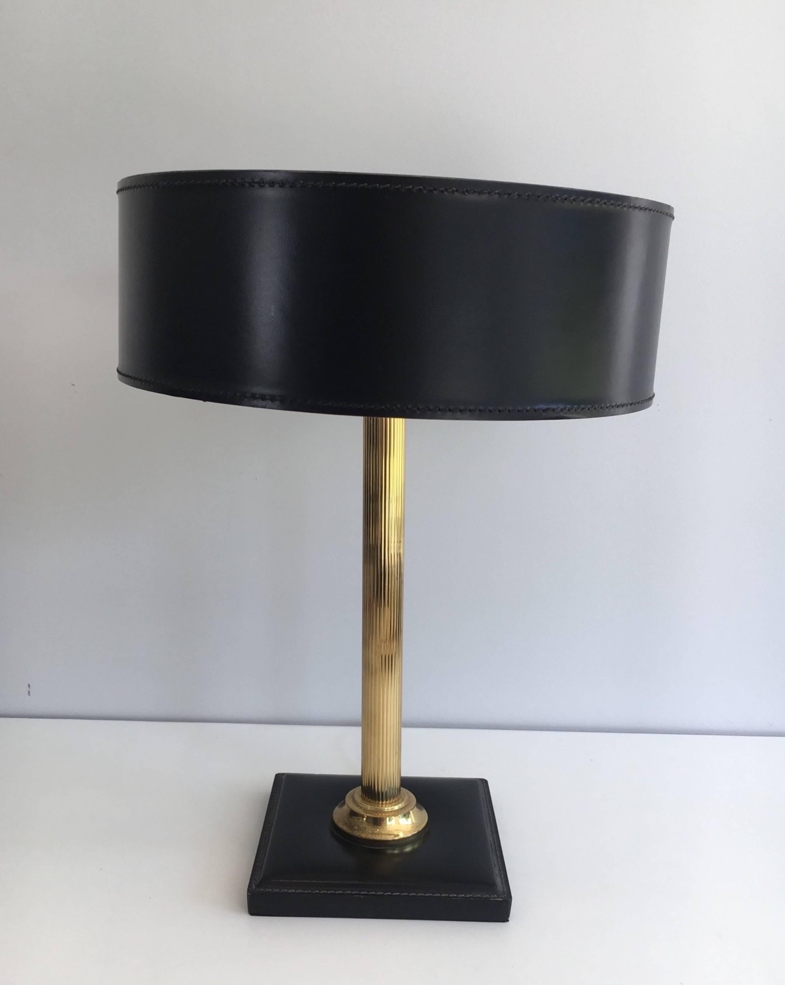 Brass and Black Leather Lamp in the Style of Jacques Adnet 4
