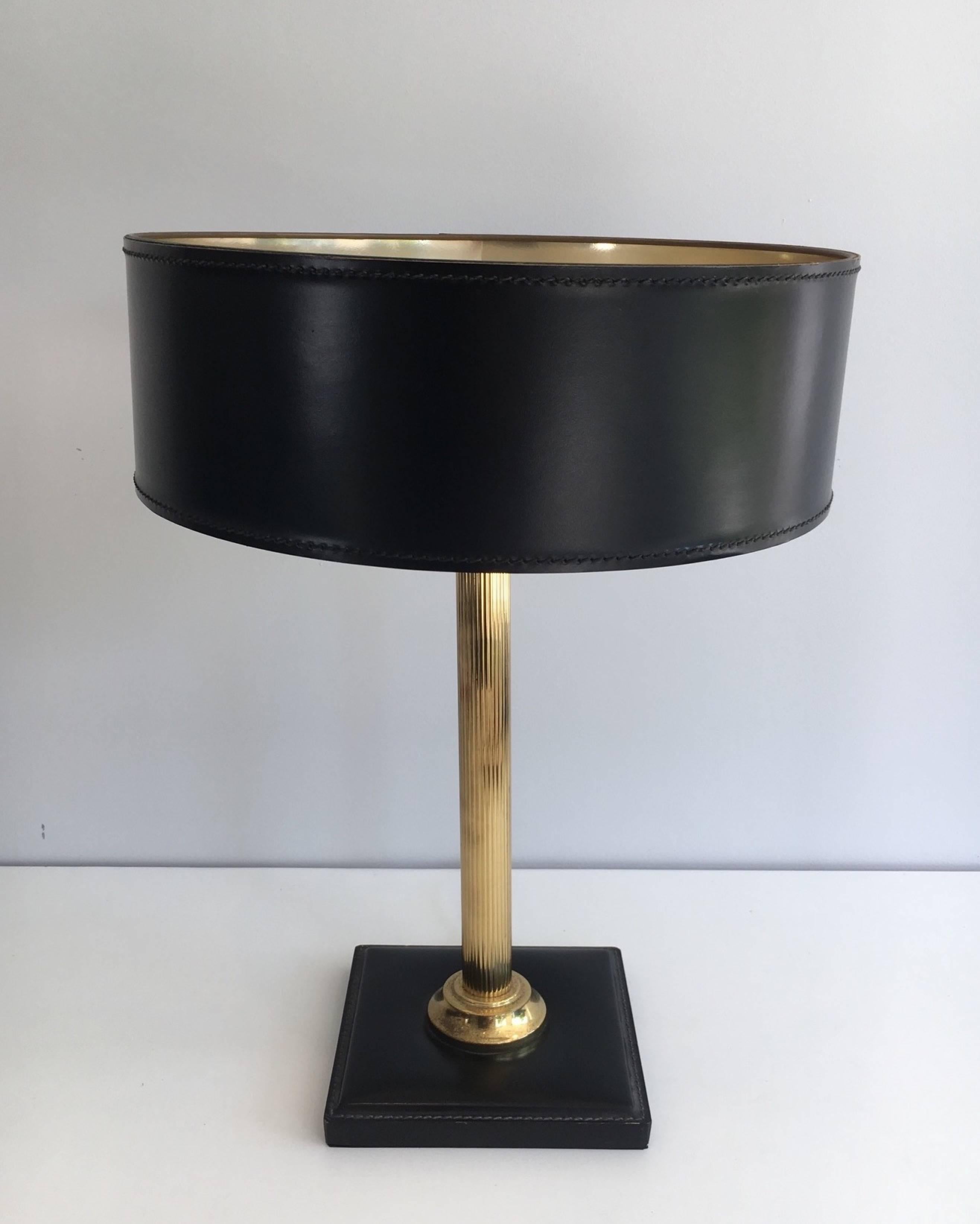 Brass and Black Leather Lamp in the Style of Jacques Adnet 3