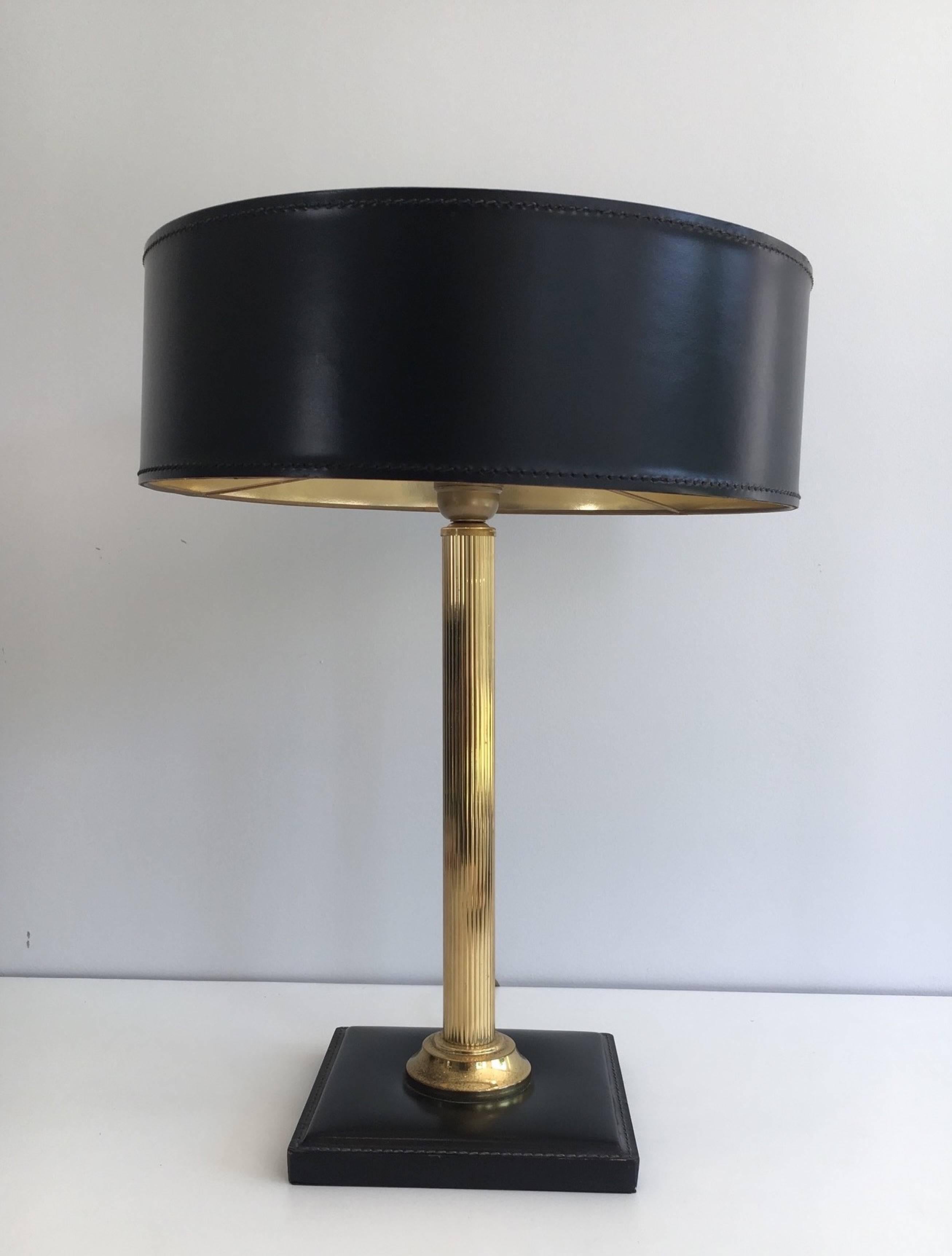 Brass and Black Leather Lamp in the Style of Jacques Adnet In Good Condition In Buchanan, NY