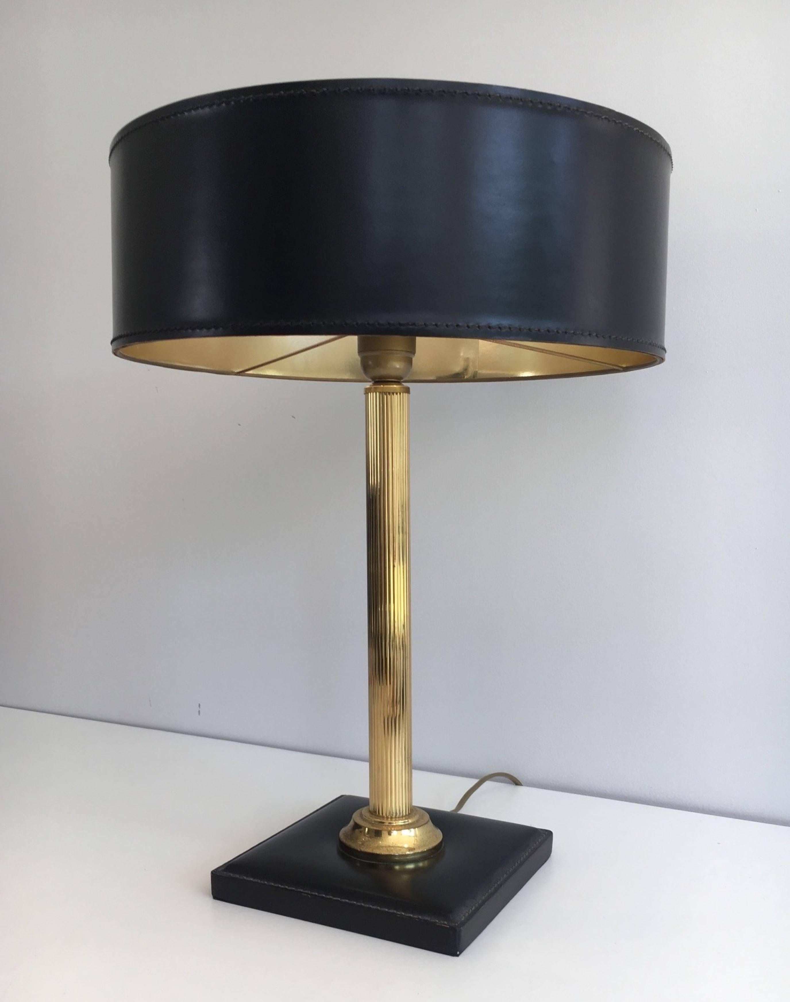 Mid-20th Century Brass and Black Leather Lamp in the Style of Jacques Adnet