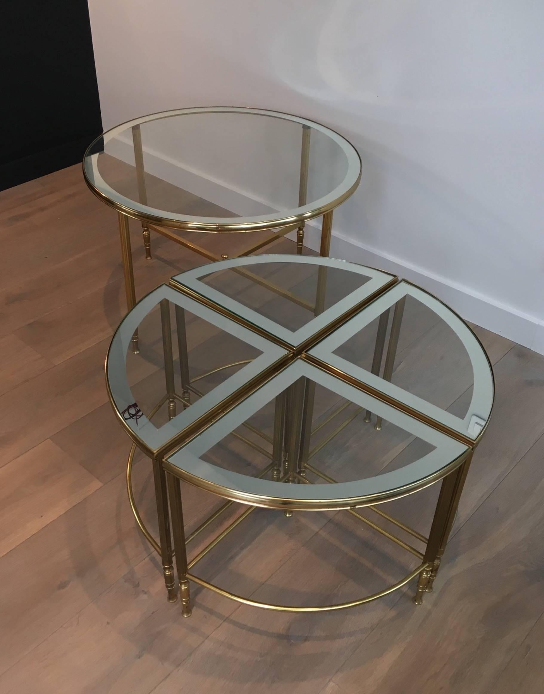 Mid-20th Century Round Brass Coffee Table with Four Smaller Nesting Tables