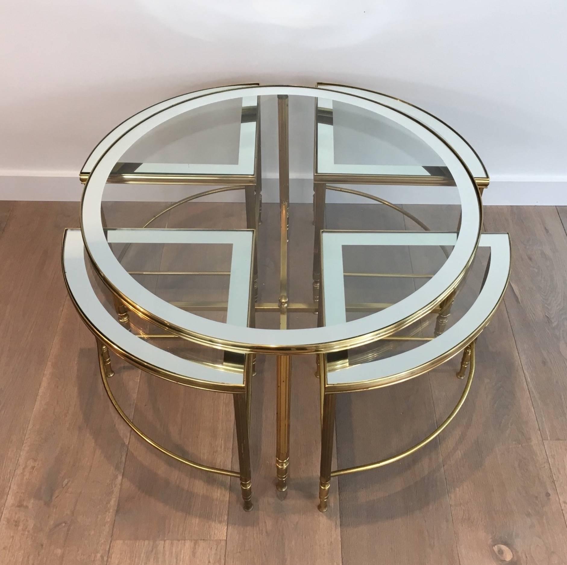 Neoclassical Round Brass Coffee Table with Four Smaller Nesting Tables