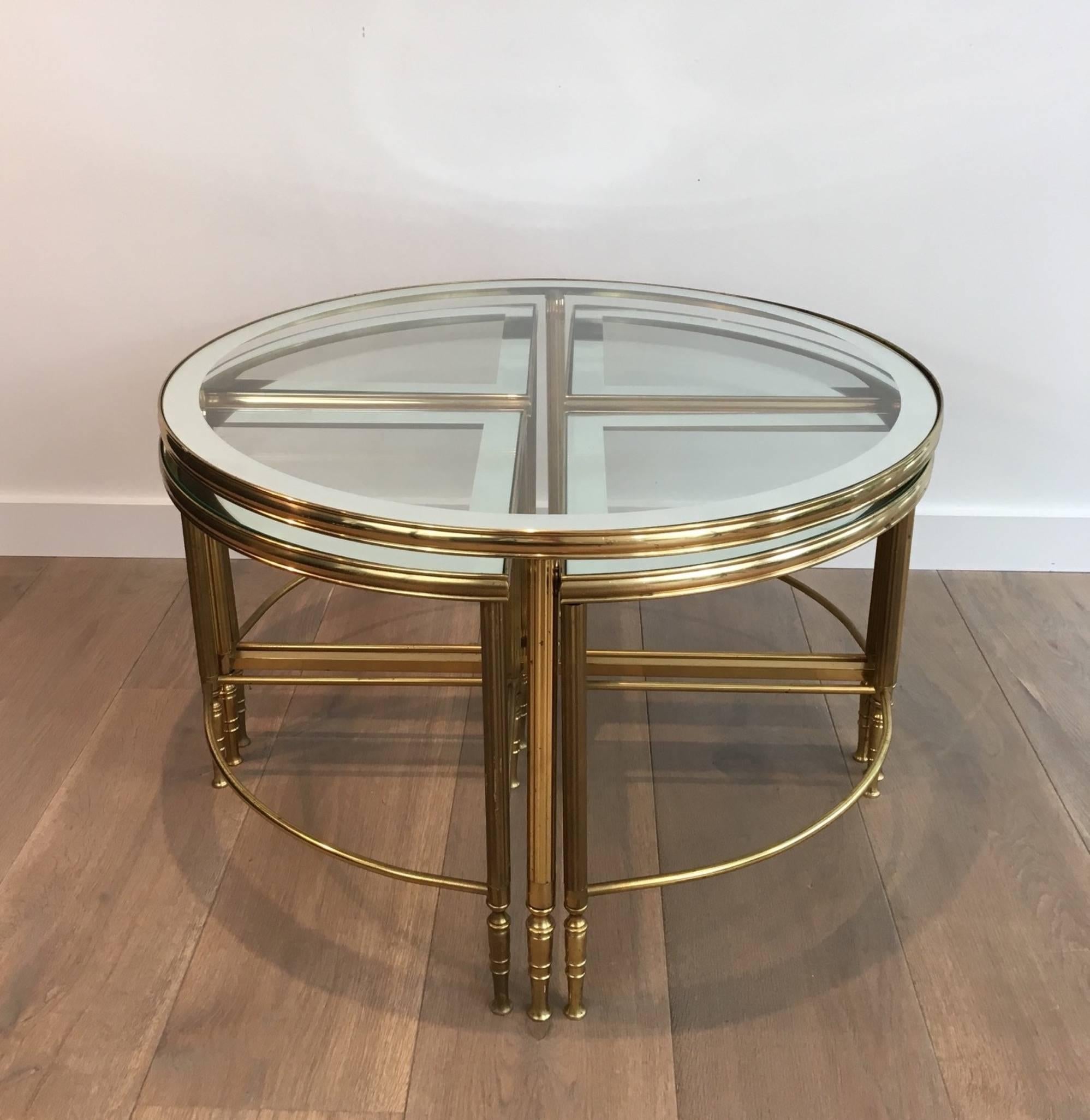 French Round Brass Coffee Table with Four Smaller Nesting Tables