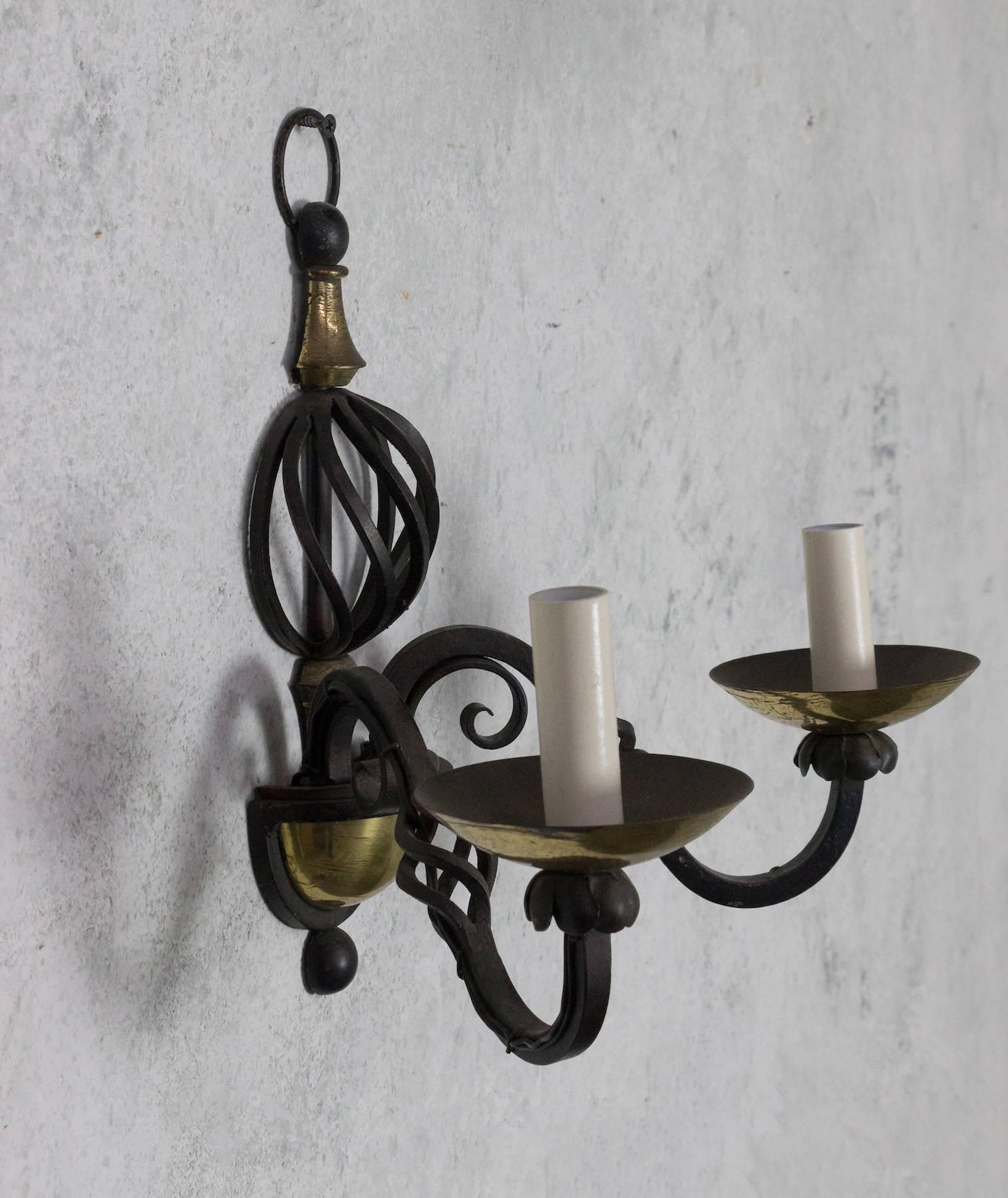 Mid-20th Century Pair of French 1940s Iron and Brass Sconces For Sale