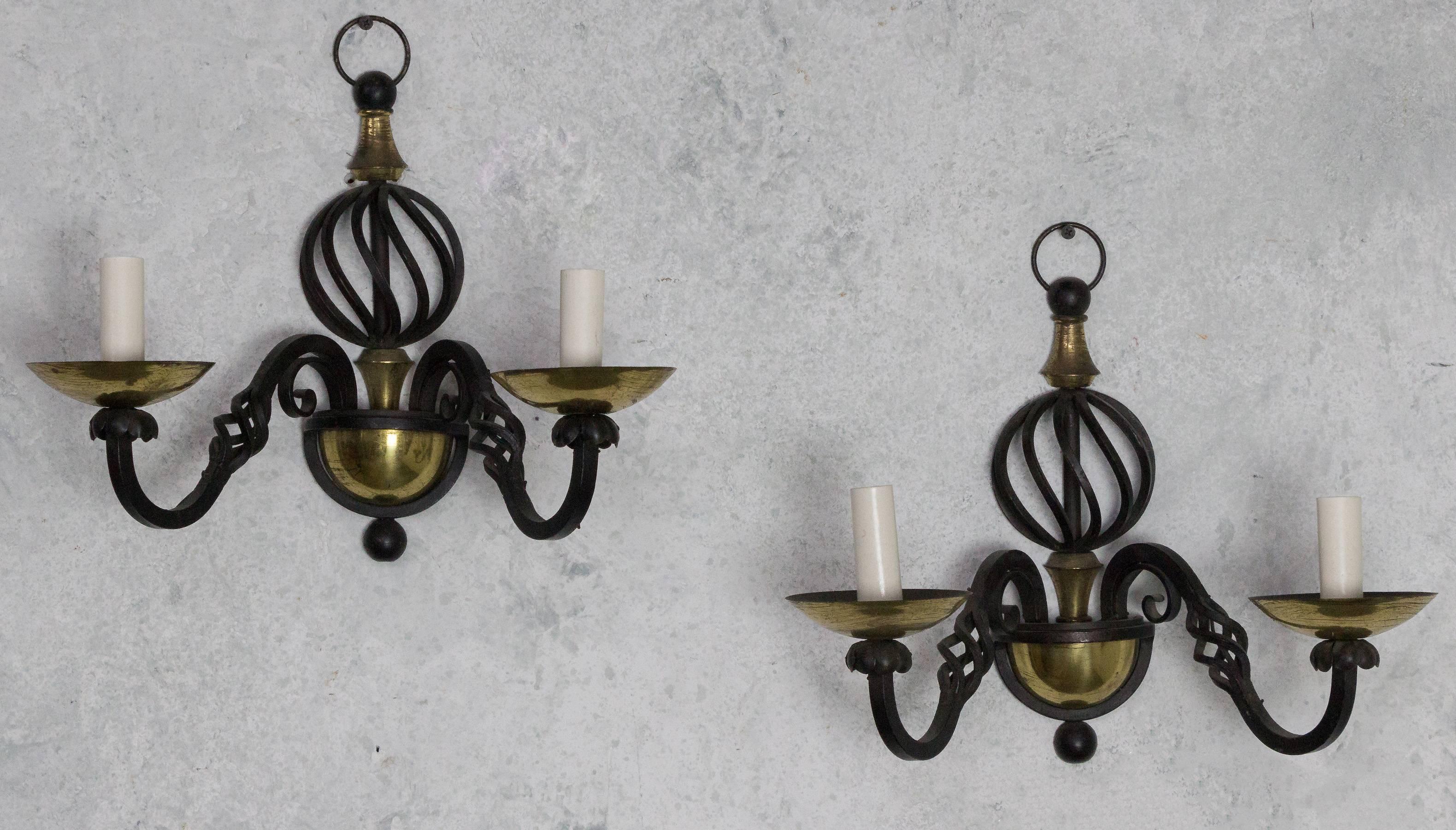 Pair of French 1940s Iron and Brass Sconces For Sale 6