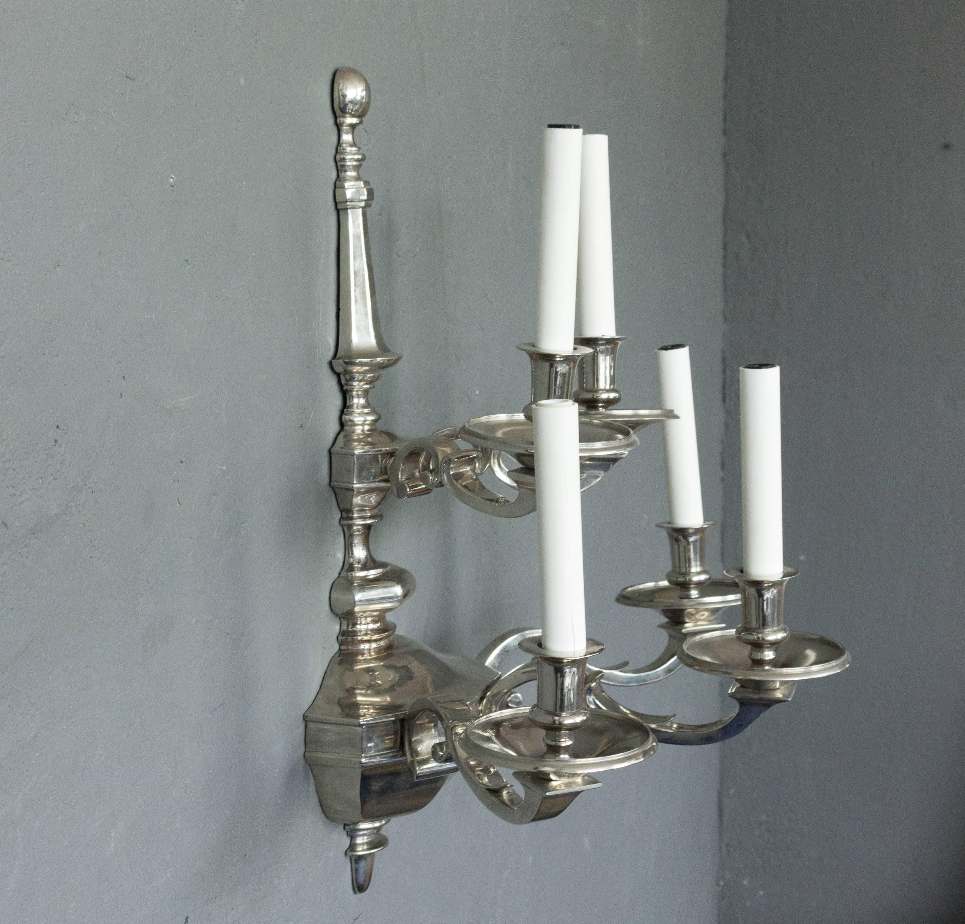 Pair of Large Two-Tiered Nickel-Plated Bronze Sconces In Good Condition For Sale In Buchanan, NY