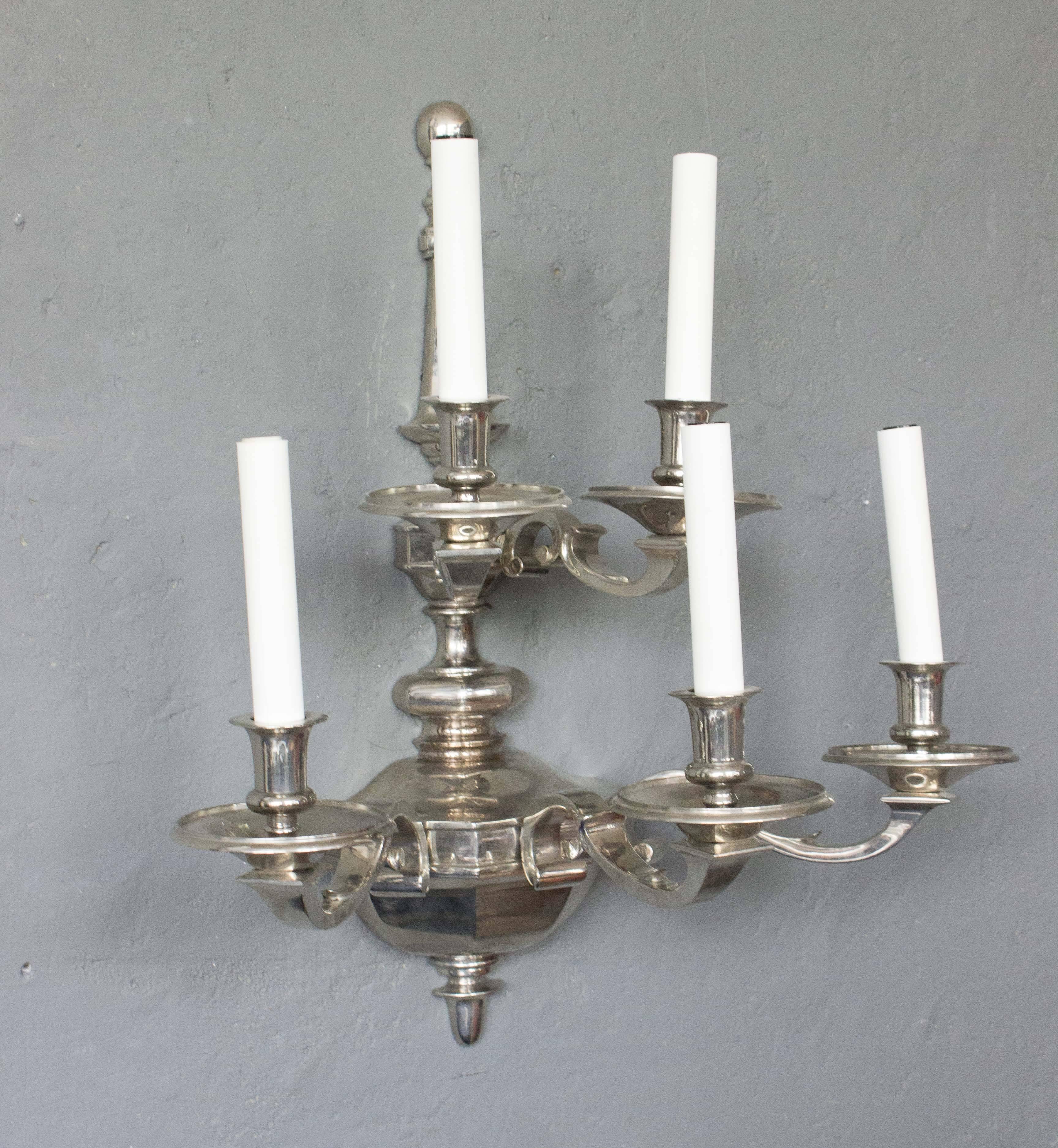 French Pair of Large Two-Tiered Nickel-Plated Bronze Sconces For Sale