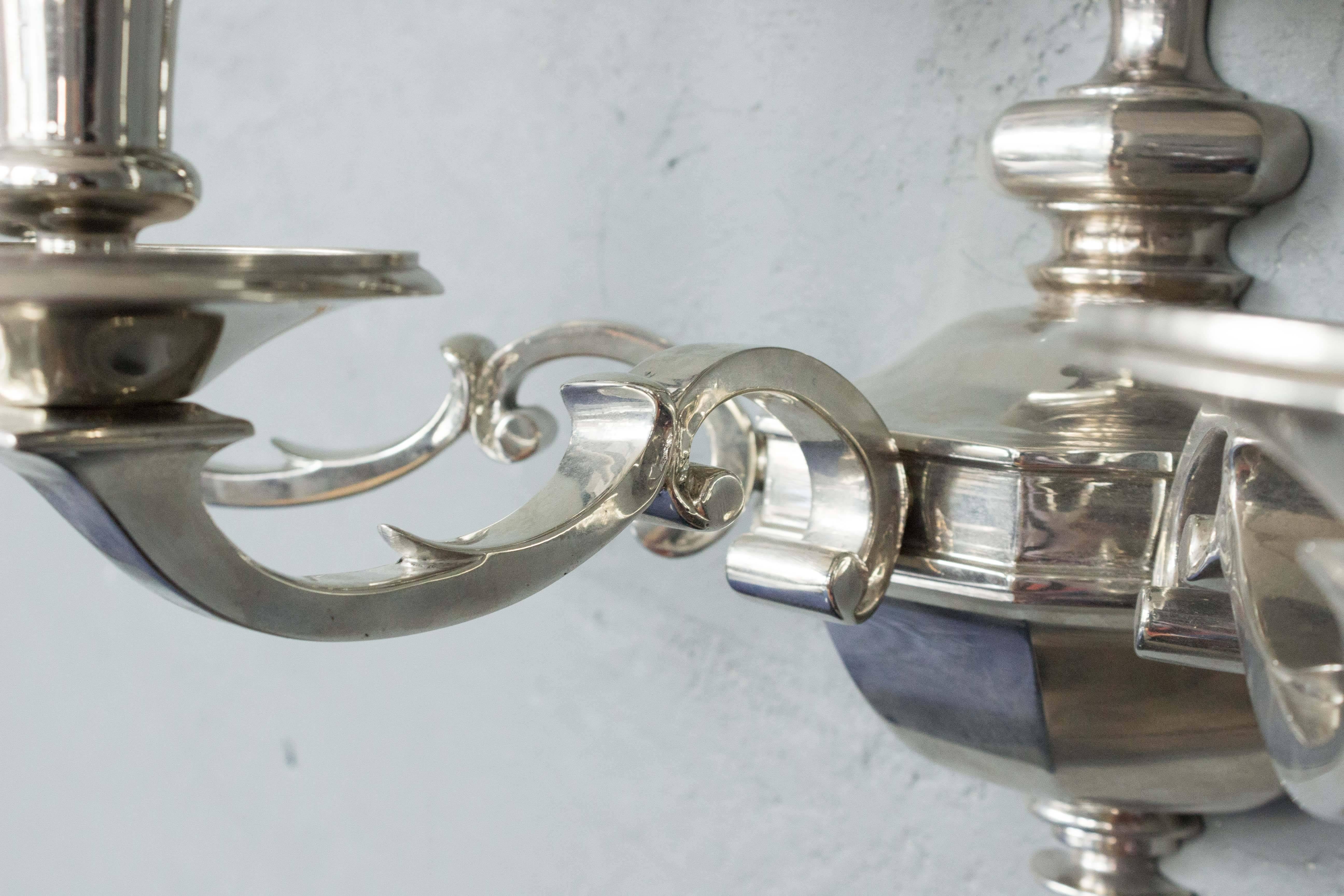 Mid-20th Century Pair of Large Two-Tiered Nickel-Plated Bronze Sconces For Sale