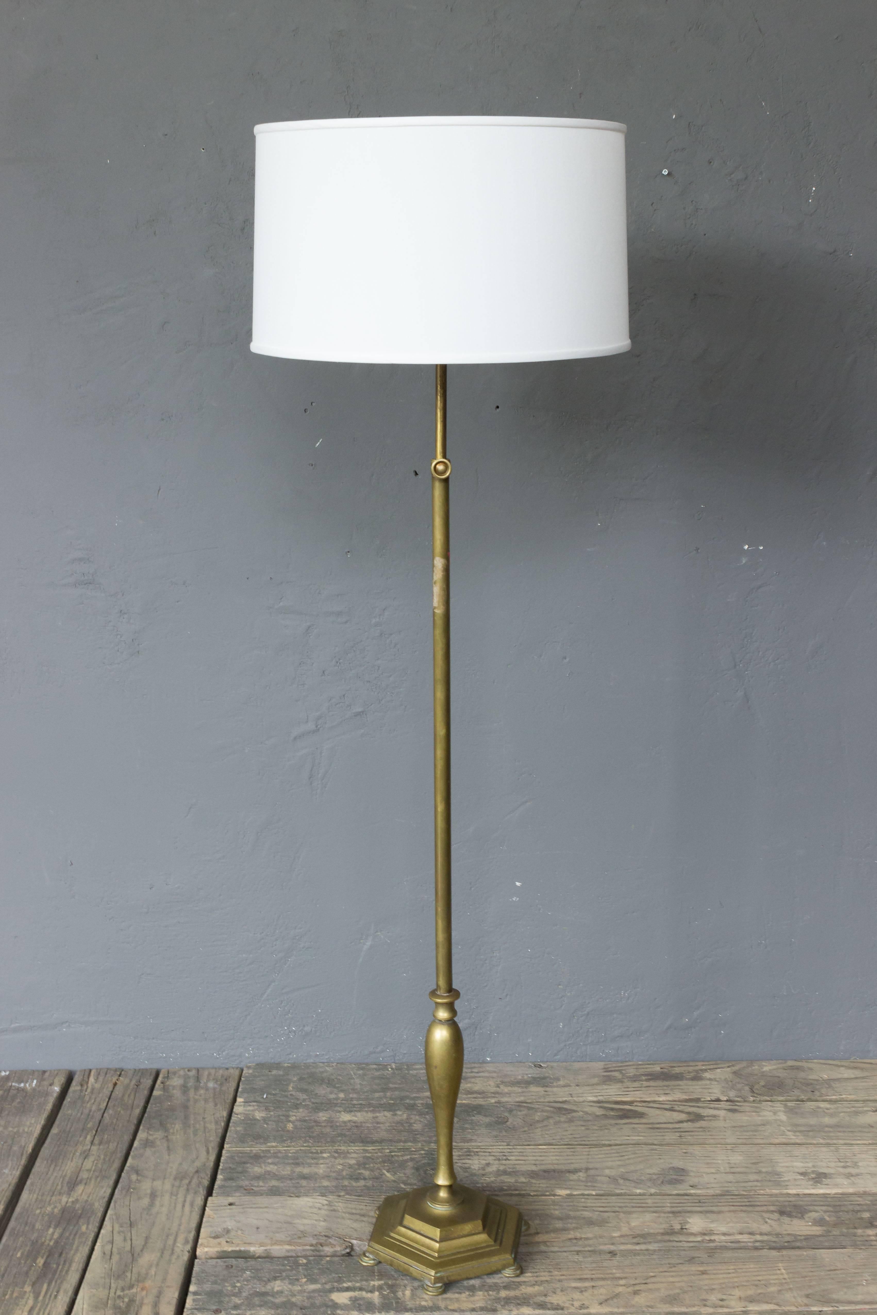 1940s French brass floor lamp on hexagonal base. Listed as a single lamp but a pair is available.

Price includes polishing or plating and new wiring. Please allow 2 to 3 weeks for completion. Not sold with shade (photographed with 10 inch H x 18