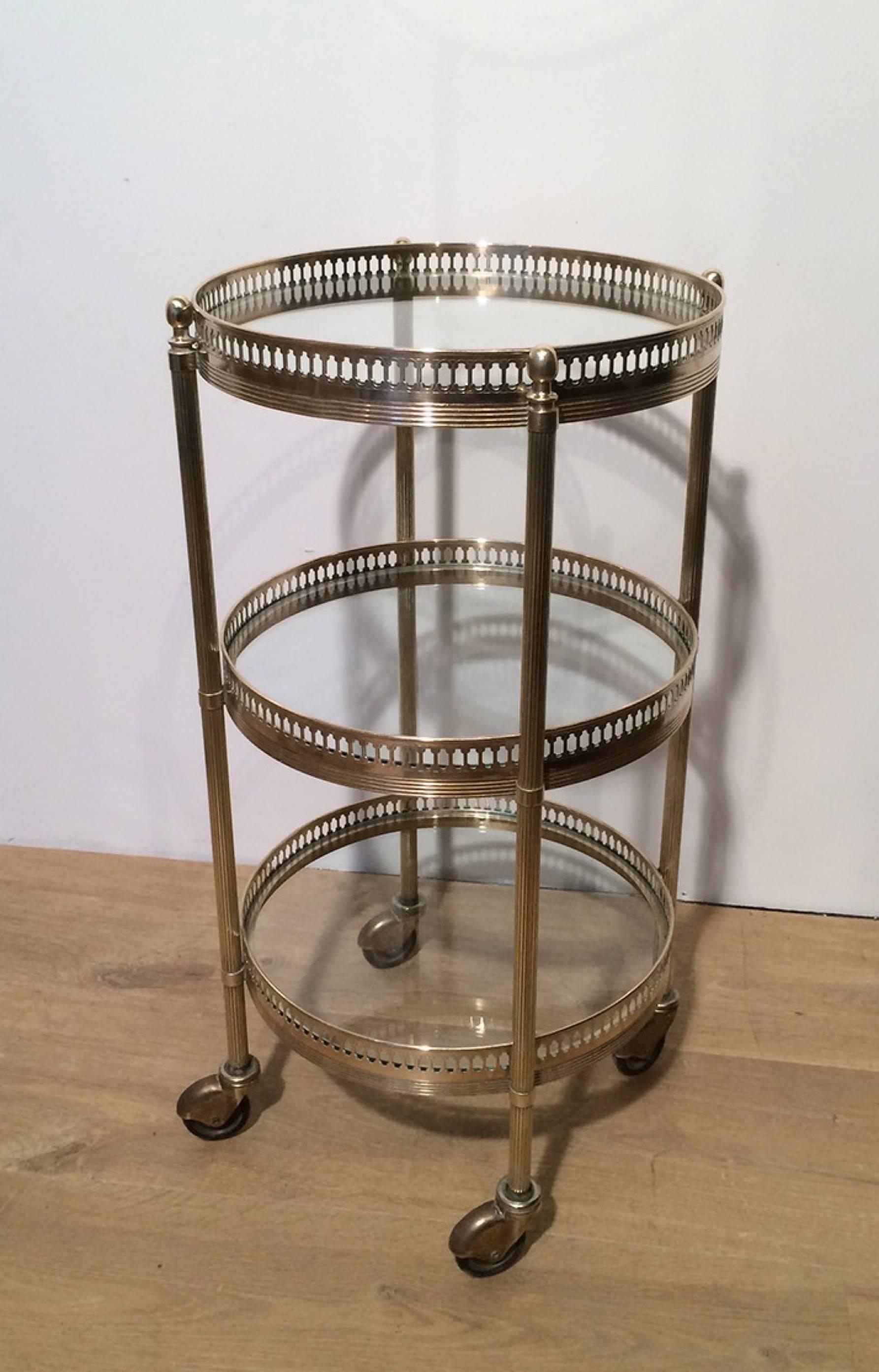 Small Round Brass Three-Tiered Table on Casters by Maison Jansen 4