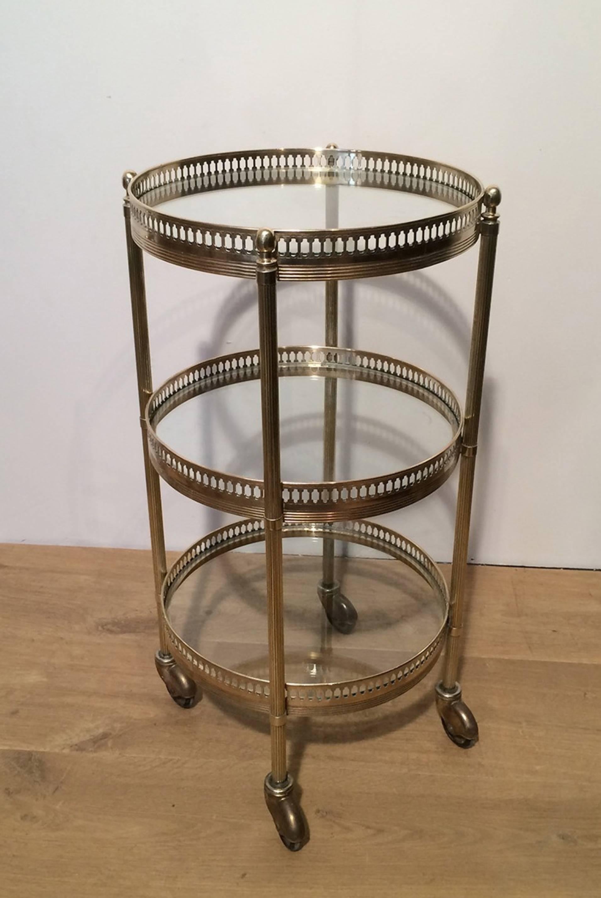 Small Round Brass Three-Tiered Table on Casters by Maison Jansen 3