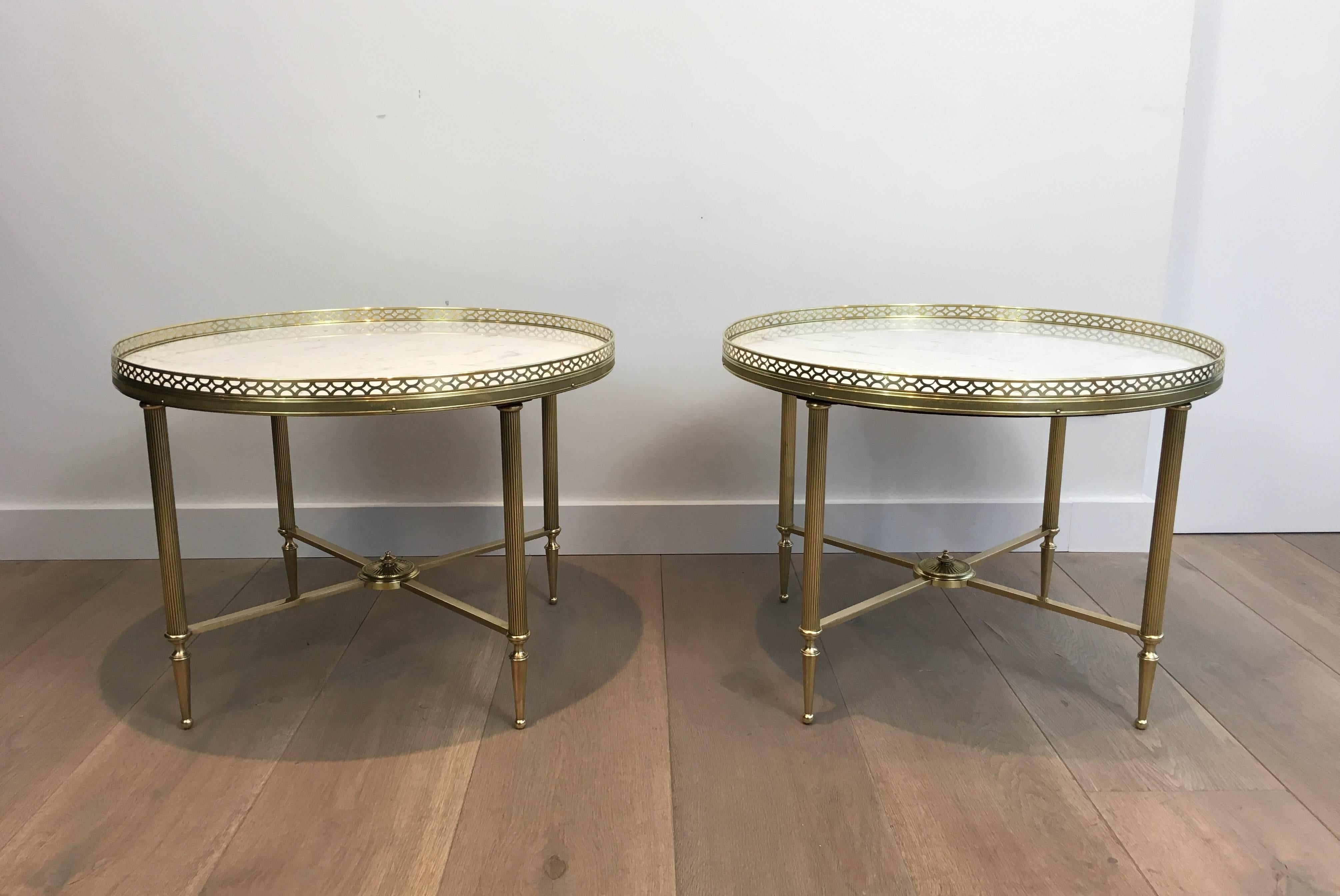 Neoclassical Pair of Brass End Tables with White Marble Tops by Maison Jansen