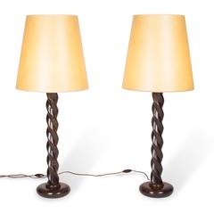 Pair of Twisted Oak Column Table Lamps, French, 1950s