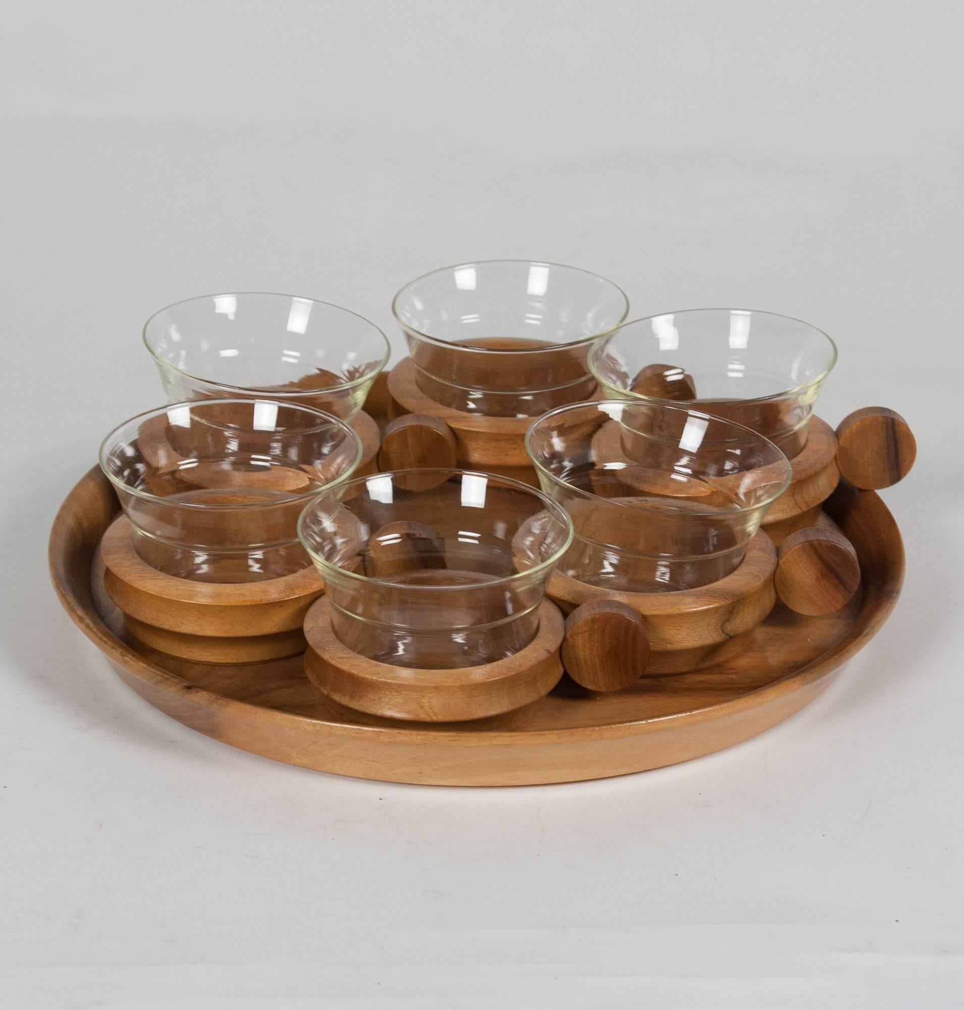 Walnut Serving Tray with Glass Cups, Austrian, 1960s For Sale 4