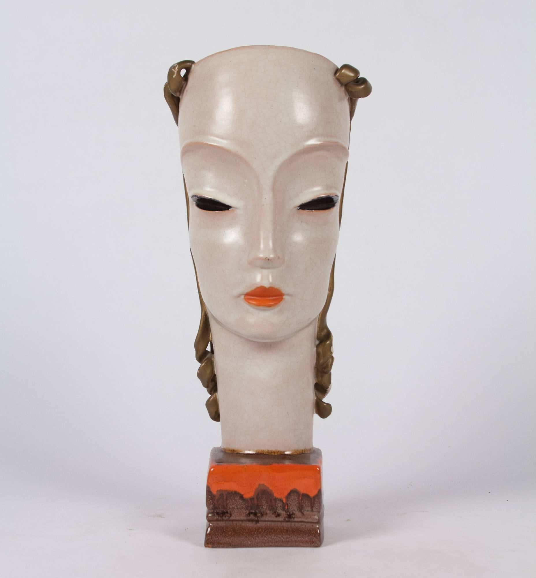Art Deco Style Ceramic Female Bust by Goldscheider, Austrian, 1920s For Sale 2