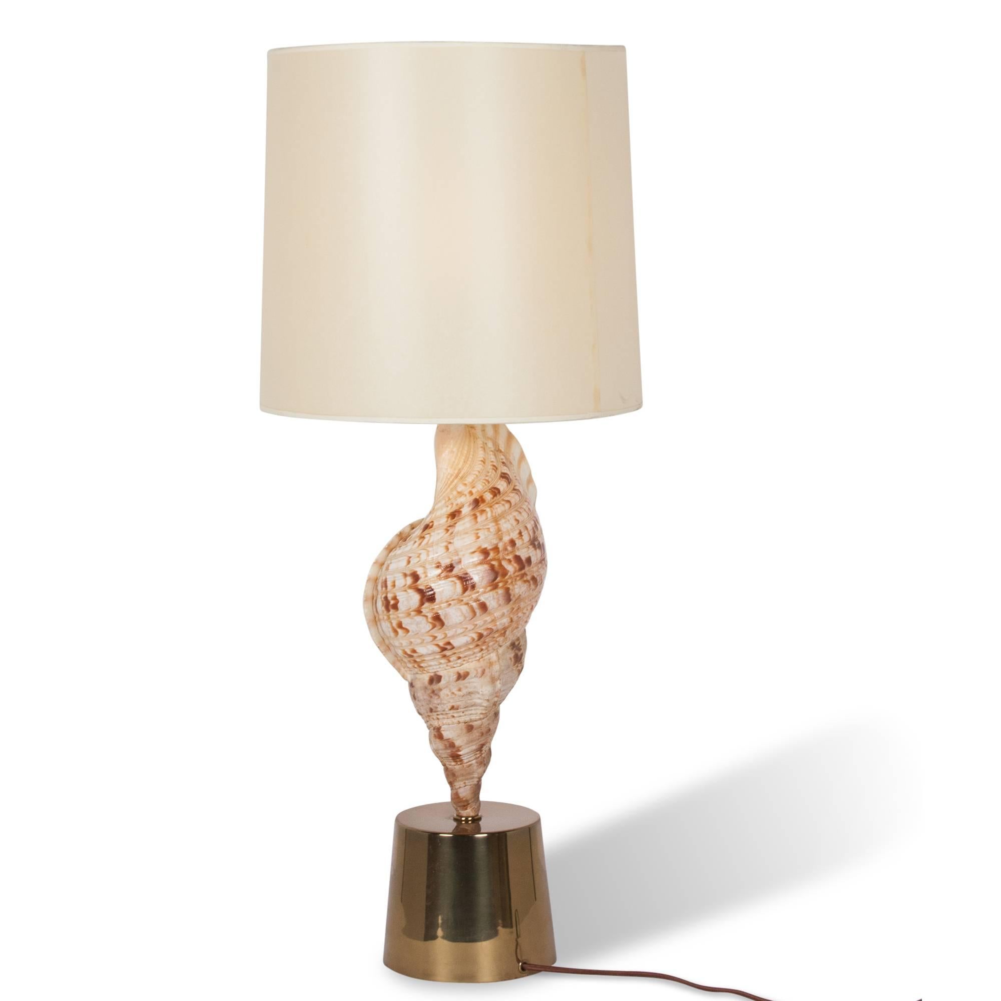 Mounted seashell table lamp, on a circular bronze base by Charles et Cie, French, 1970s. Measures: 32 in. H x 6 in. B width x 13 in. shade diameter. 
  