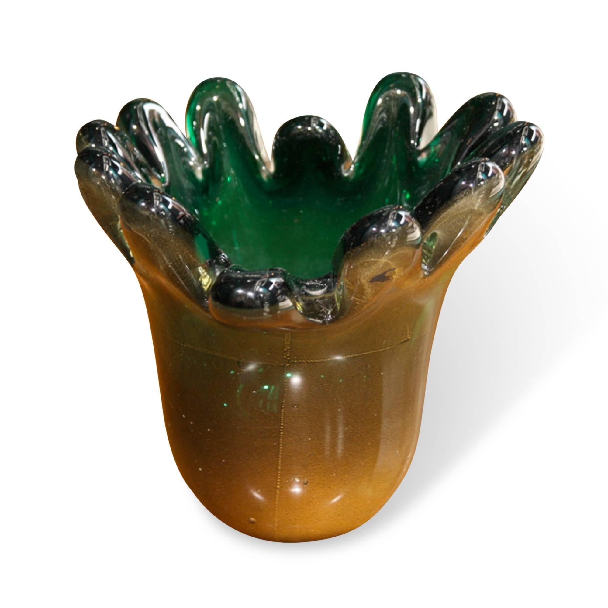 Glass vase with green interior, with multiple finger-like elements protruding from the rim by Archimede Seguso, Italian, circa 1960. Measures: 8 1/2 in diameter, 8 in height.