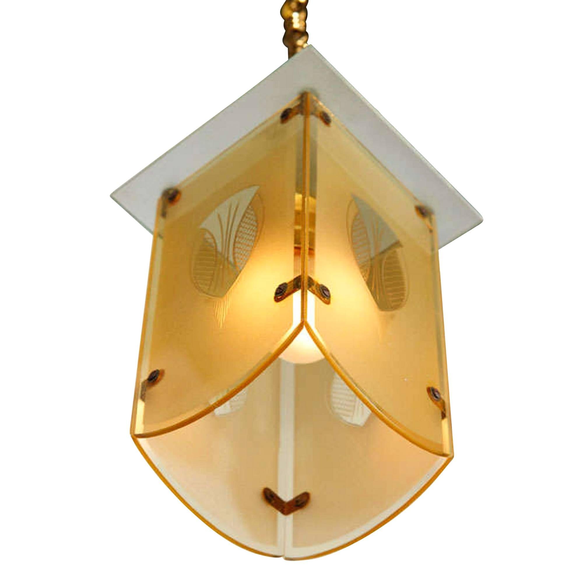 Art Deco Hanging Lamp with Decorated Glass Shade, German, 1920s For Sale