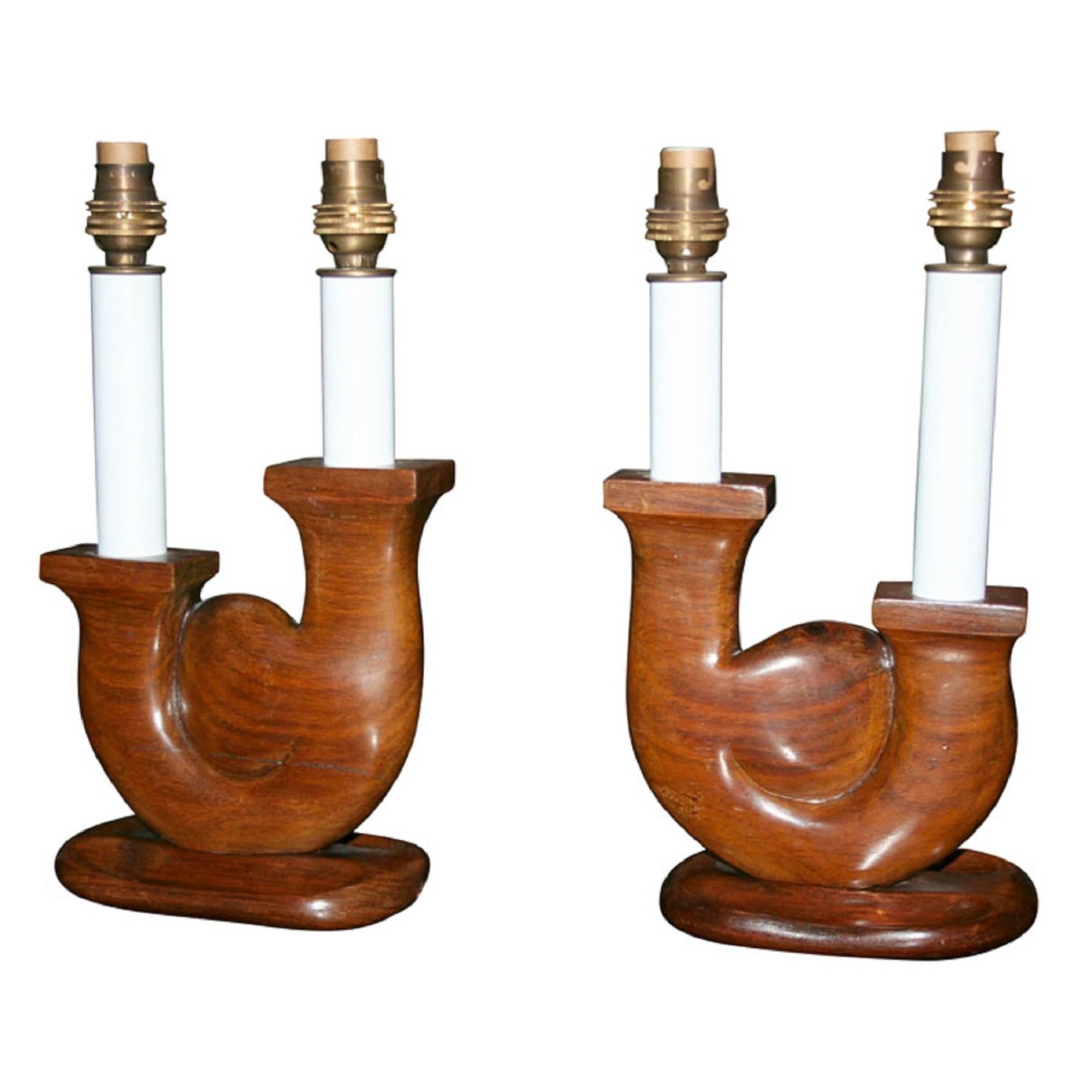 Pair of Palissander Two-Arm Table Lamps by Prodhon, French, 1940s For Sale
