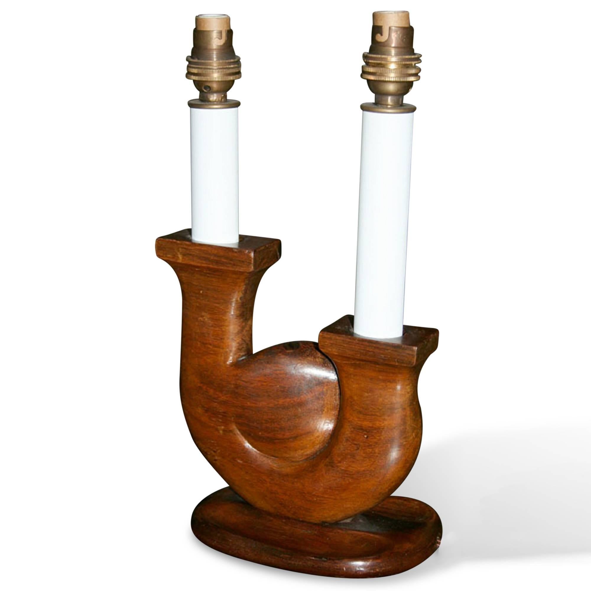 Mid-20th Century Pair of Palissander Two-Arm Table Lamps by Prodhon, French, 1940s For Sale