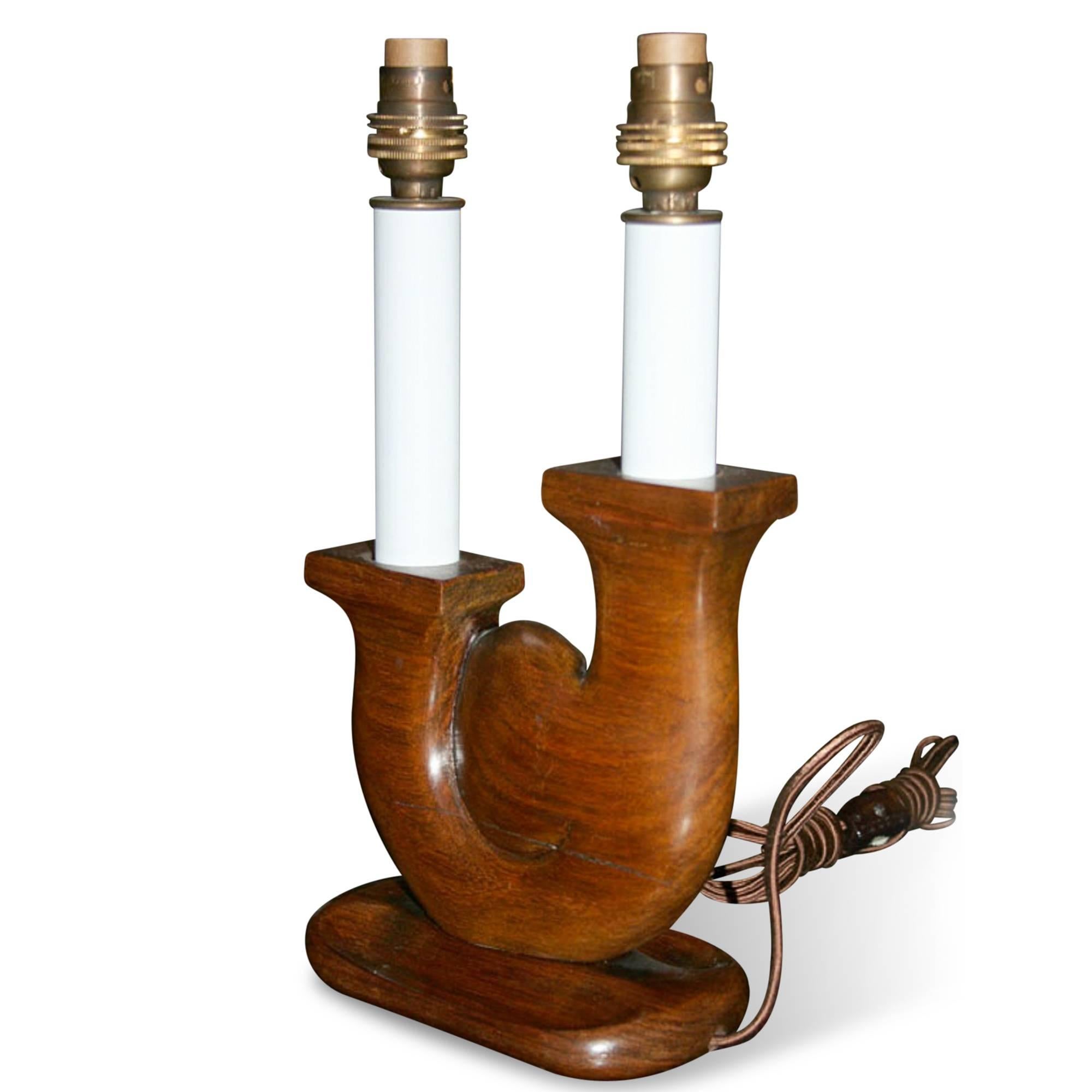 Pair of Palissander Two-Arm Table Lamps by Prodhon, French, 1940s In Excellent Condition For Sale In Hoboken, NJ