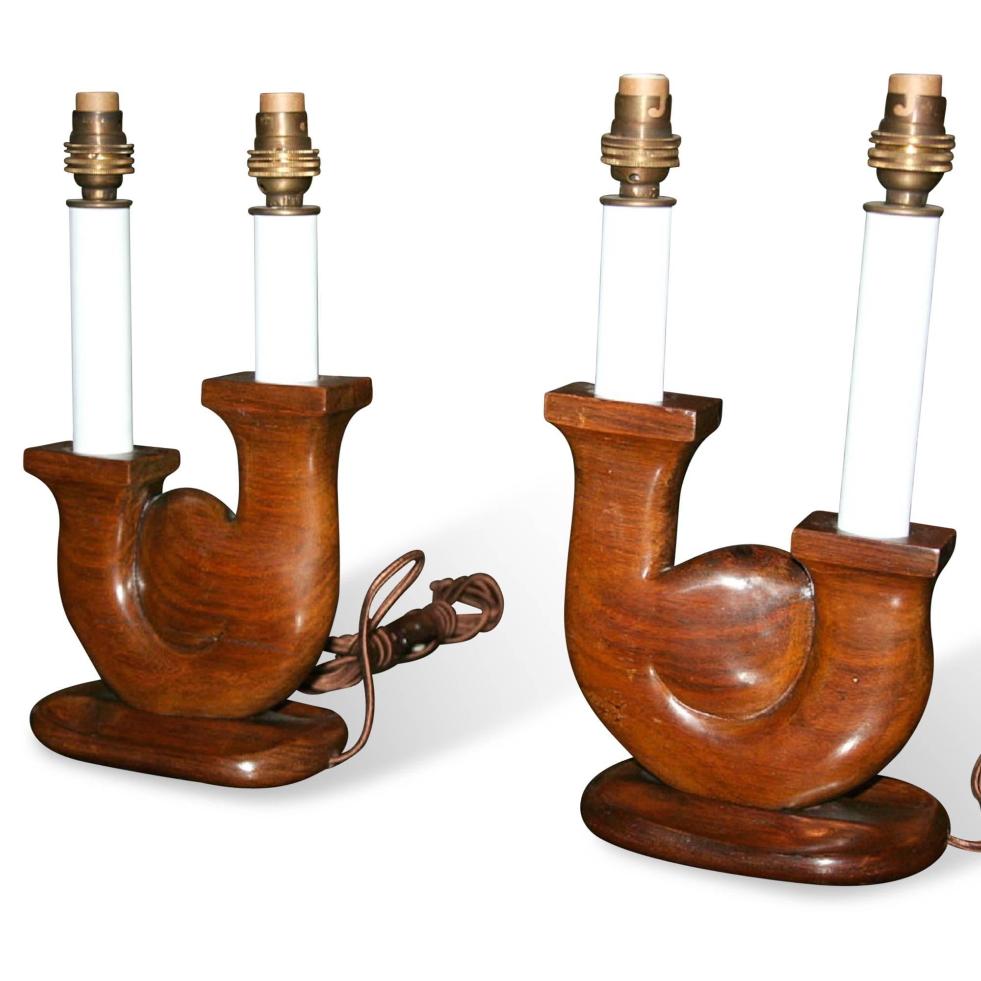Pair of solid palissander two-light table lamps by Louis Prodhon, French, 1940s. Signed. Measures: 6 in W, 3 in D, 12 in. 
 