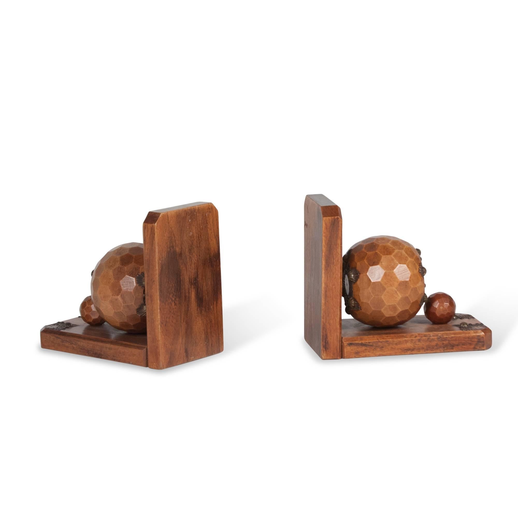 Modern Faceted Sphere Oak Bookends, French, circa 1930 For Sale