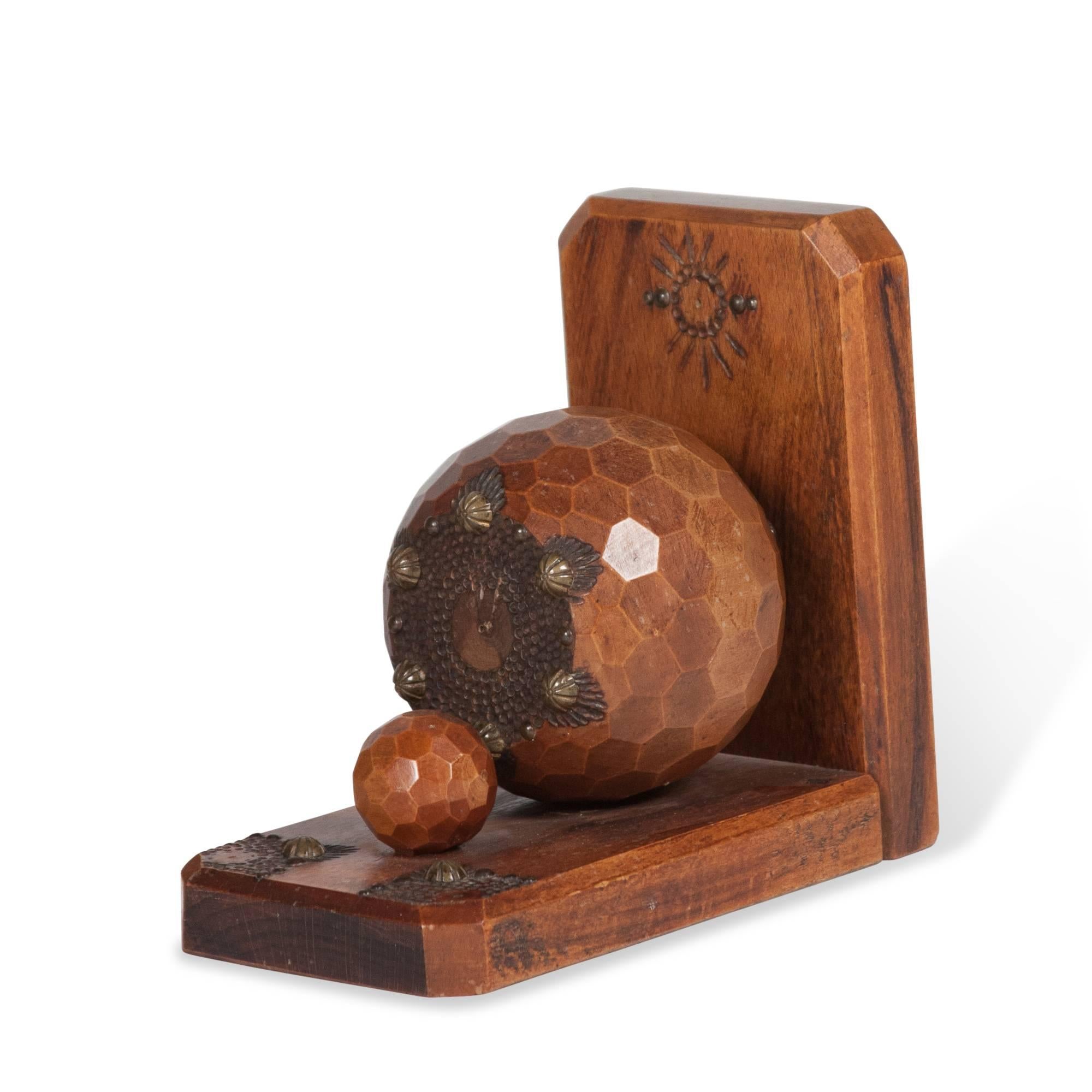 Bronze Faceted Sphere Oak Bookends, French, circa 1930 For Sale