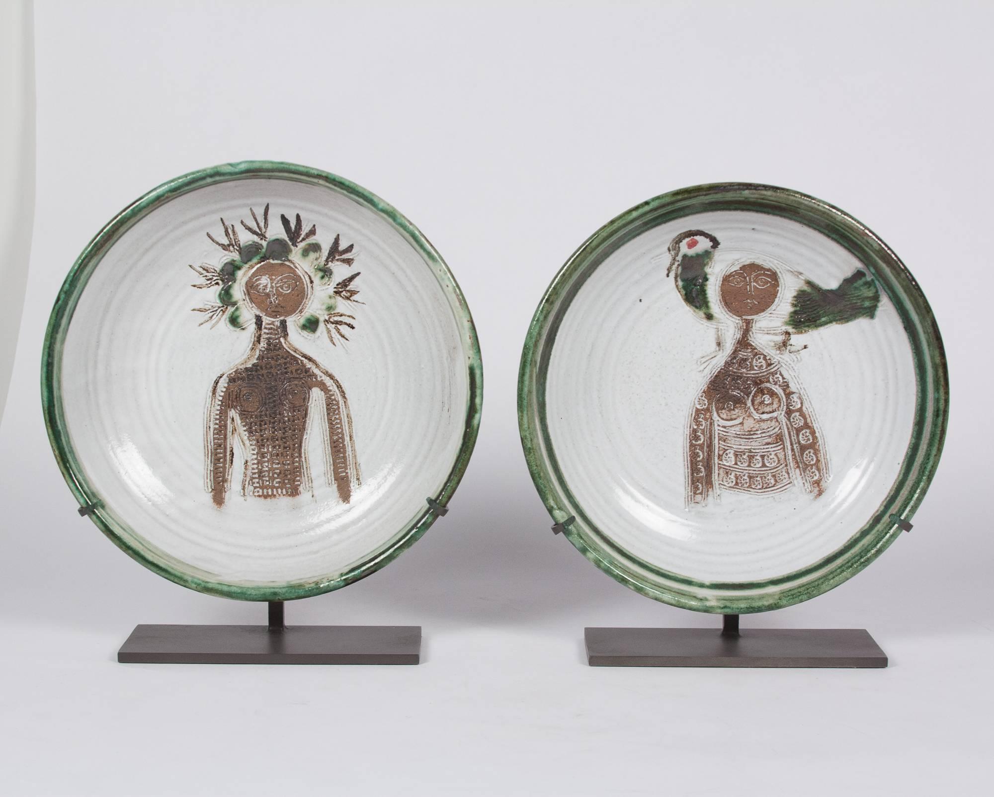 Set of Two Glazed Stoneware Chargers by Albert Thiry, French, circa 1950 For Sale 1