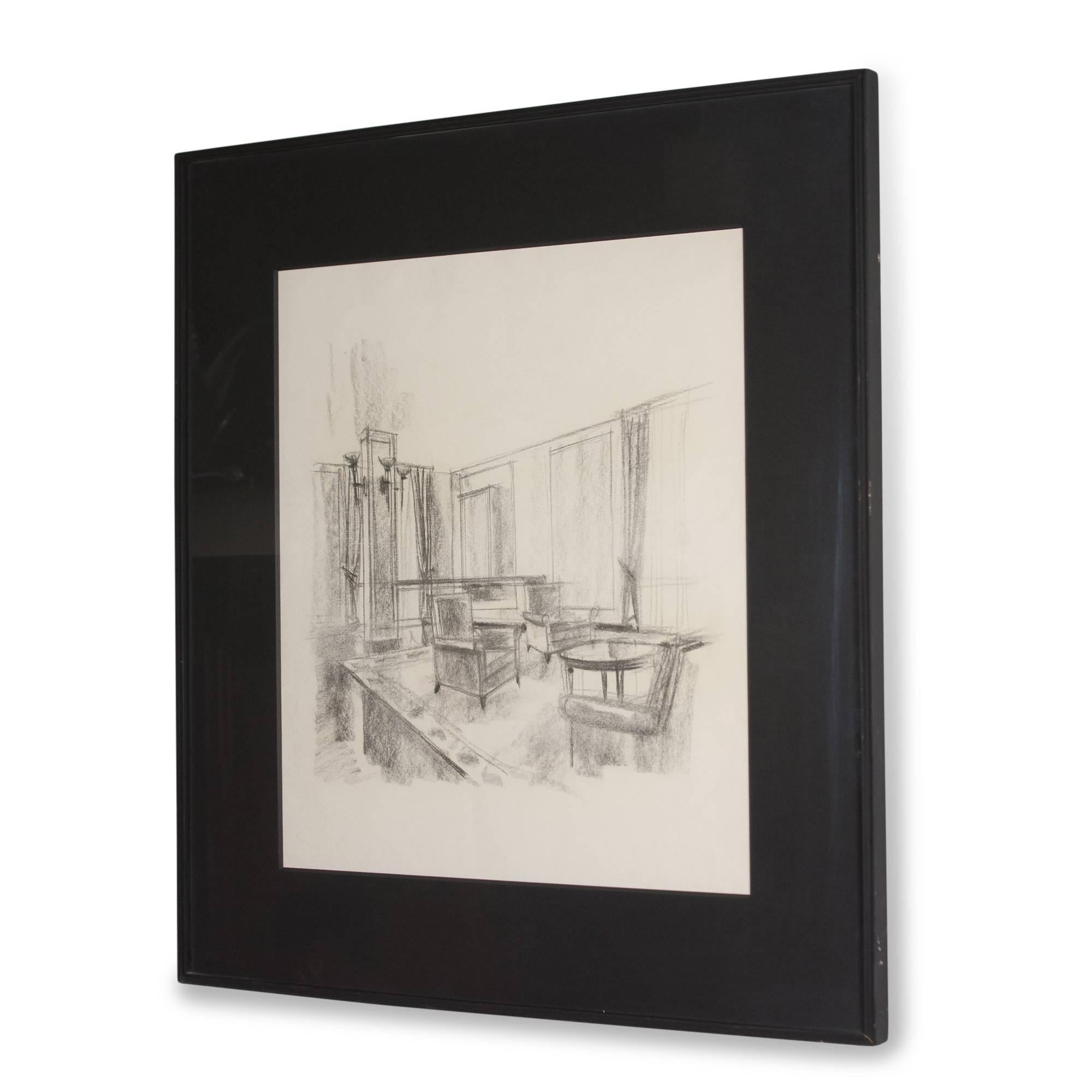 Pencil and charcoal on paper, interior scene, French, 1940s. Framed. Measures: Height 29 in, width 26 in. (sats)