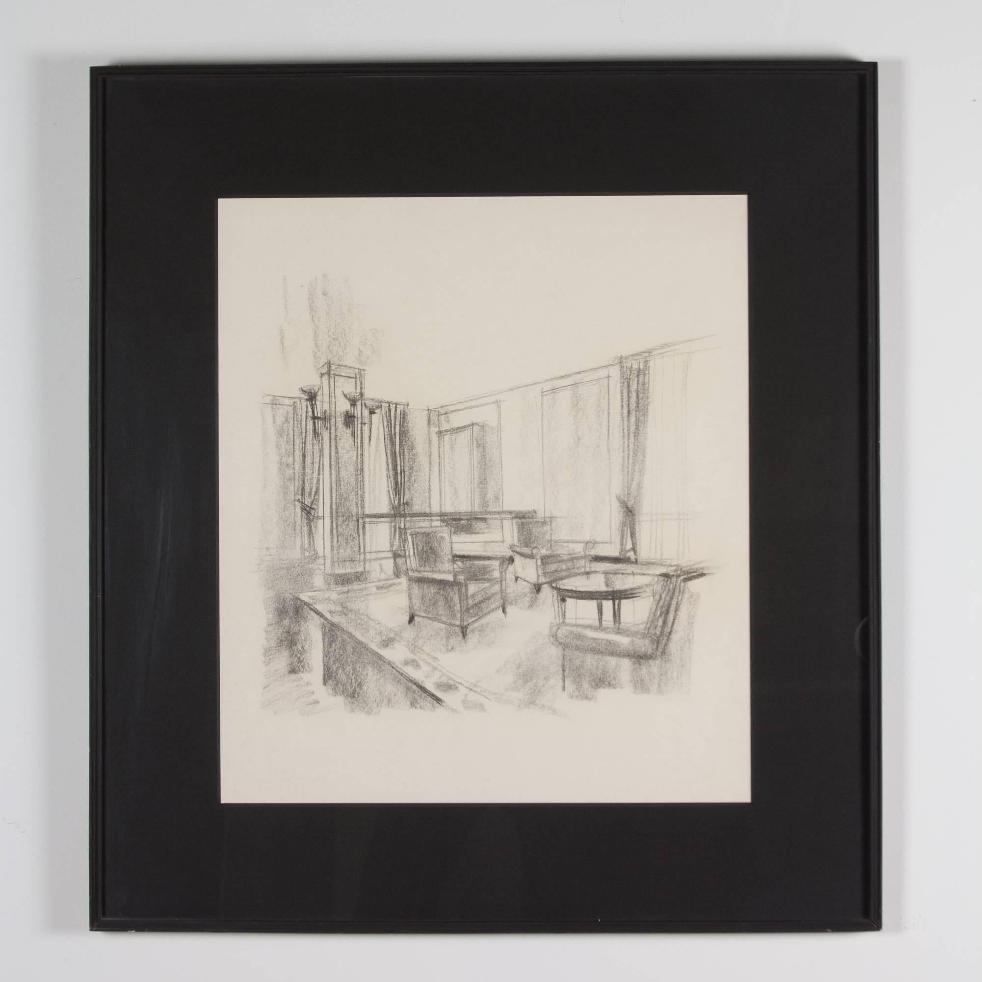 Interior Scene, Pencil and Charcoal on Paper, French, 1940s In Excellent Condition In Hoboken, NJ