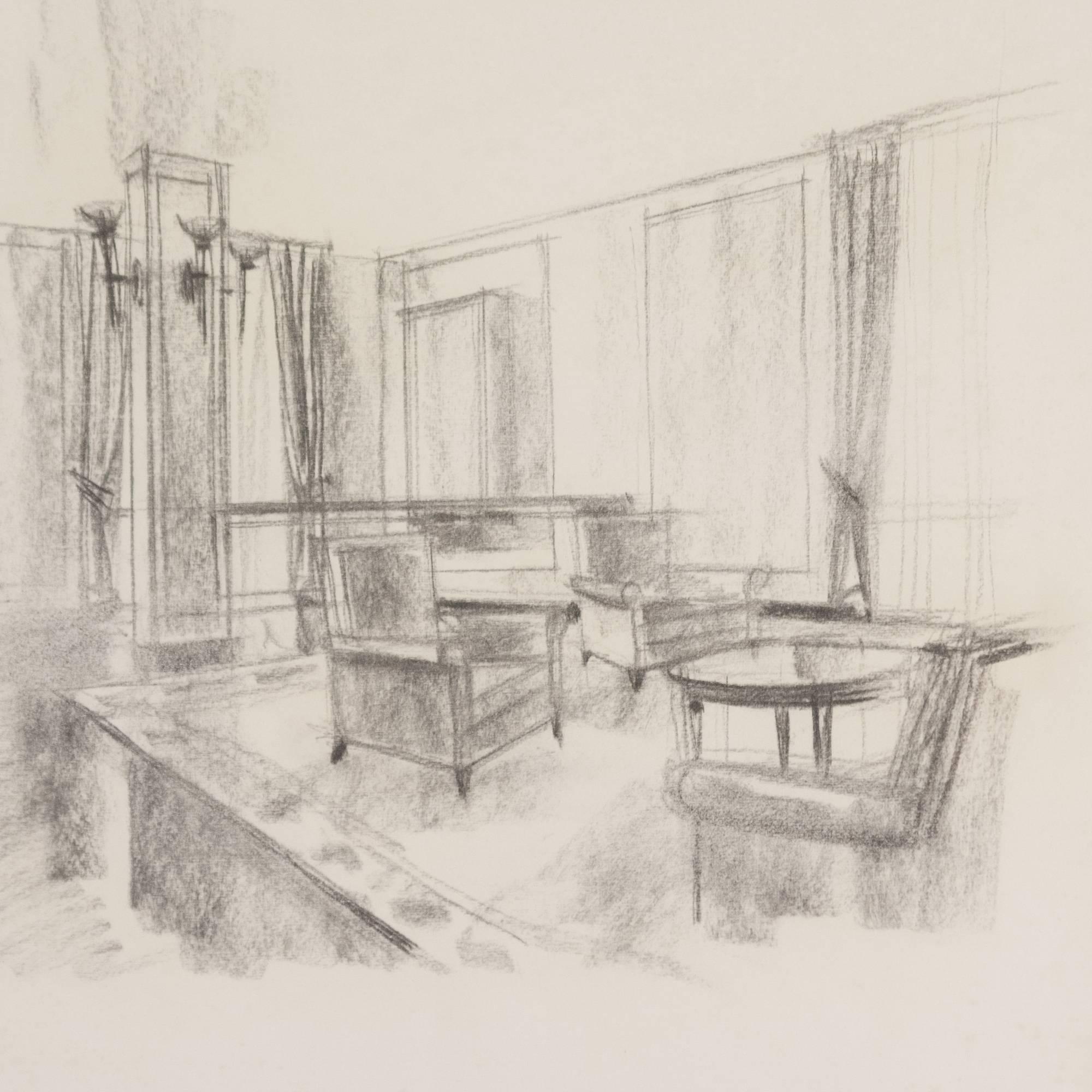 Art Deco Interior Scene, Pencil and Charcoal on Paper, French, 1940s