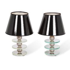 Pair of Glass and Nickel Table Lamps, French, 1930s