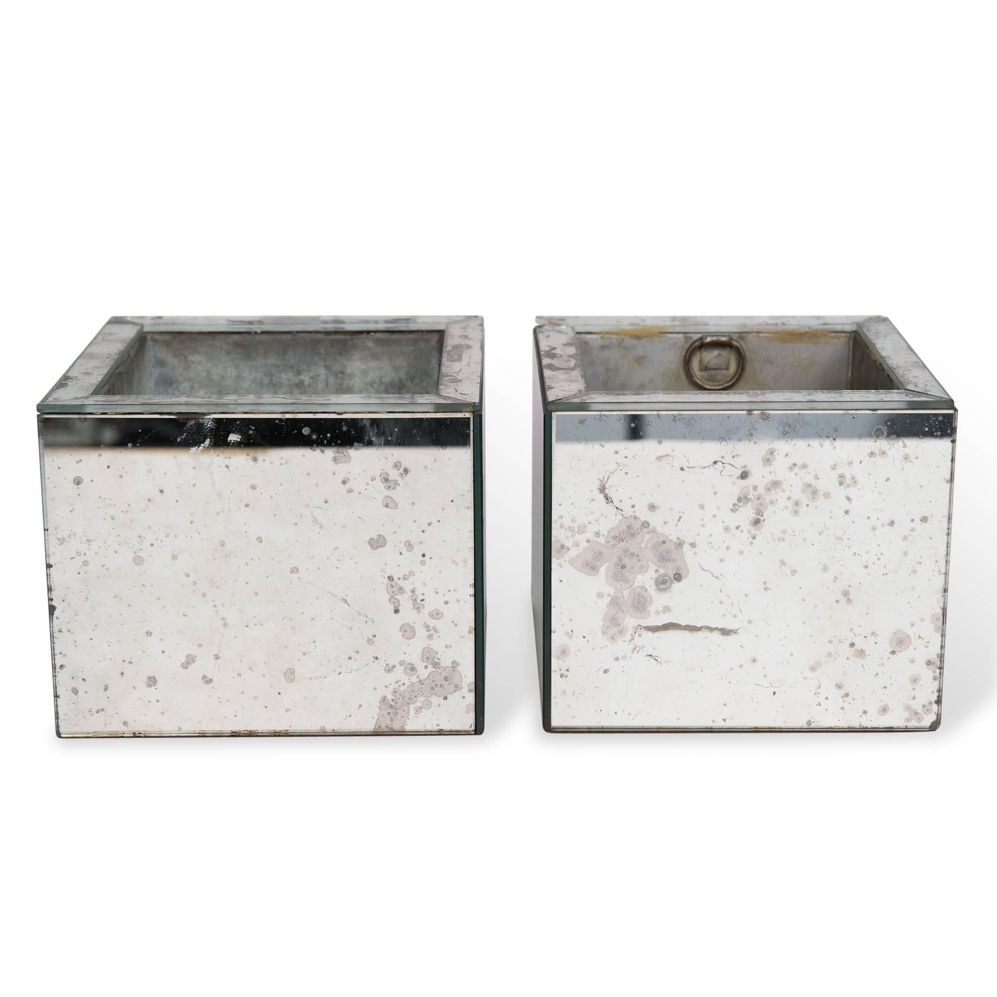 Modern Pair of Antiqued Mirror Planters For Sale