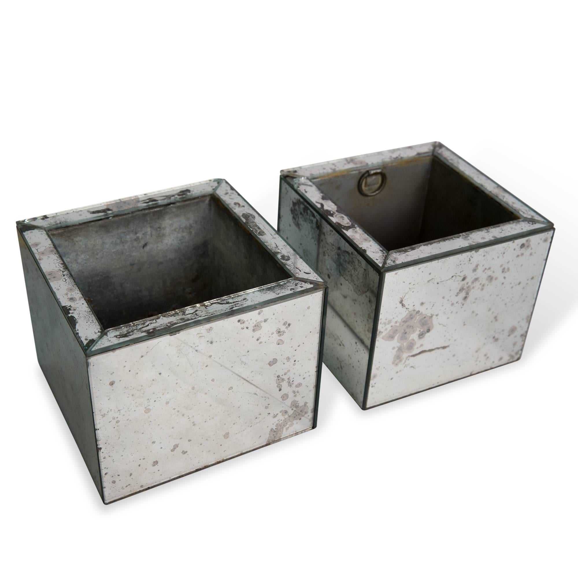 American Pair of Antiqued Mirror Planters For Sale