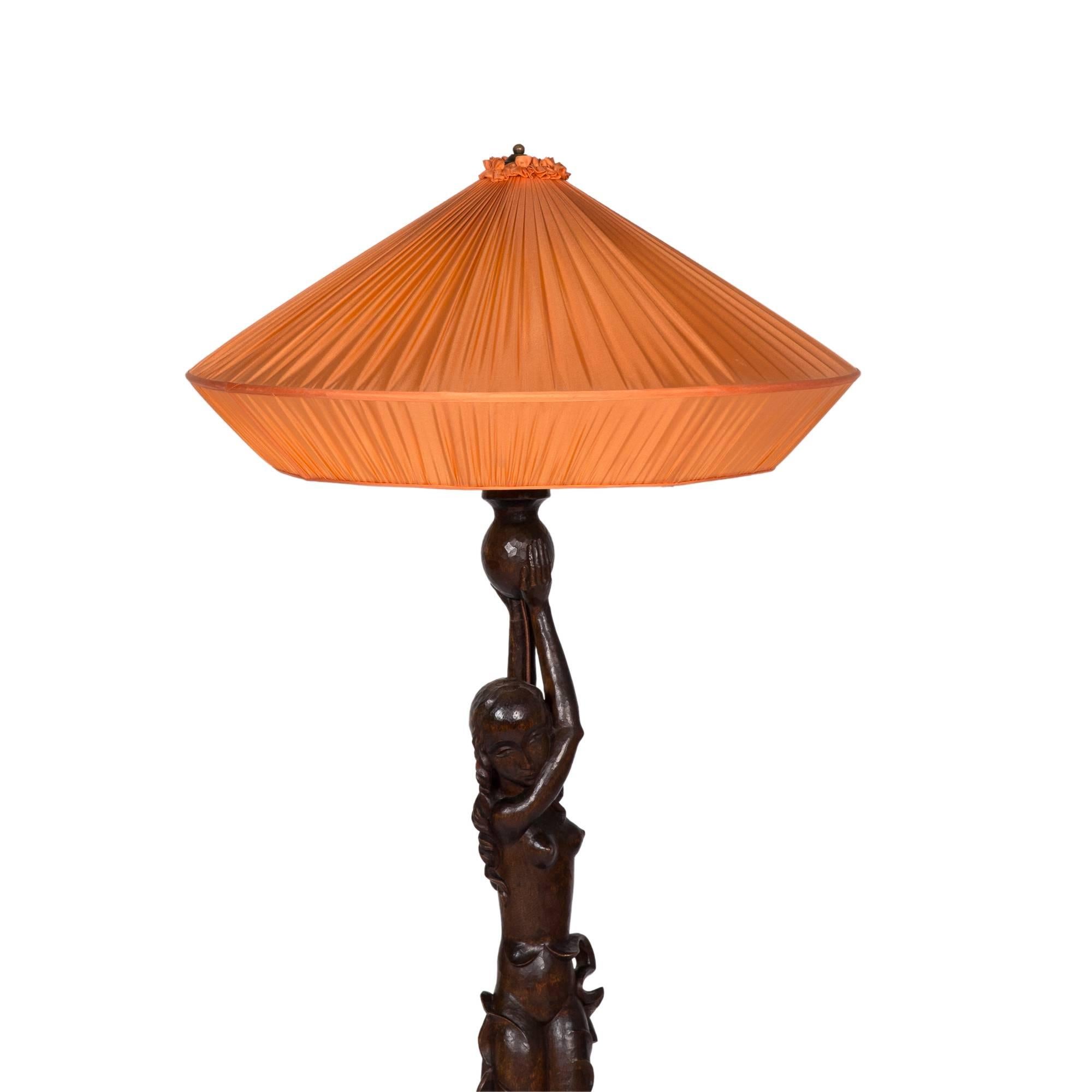 Art Deco Carved Wood Figural Tall Table or Floor Lamp, German, circa 1920 For Sale