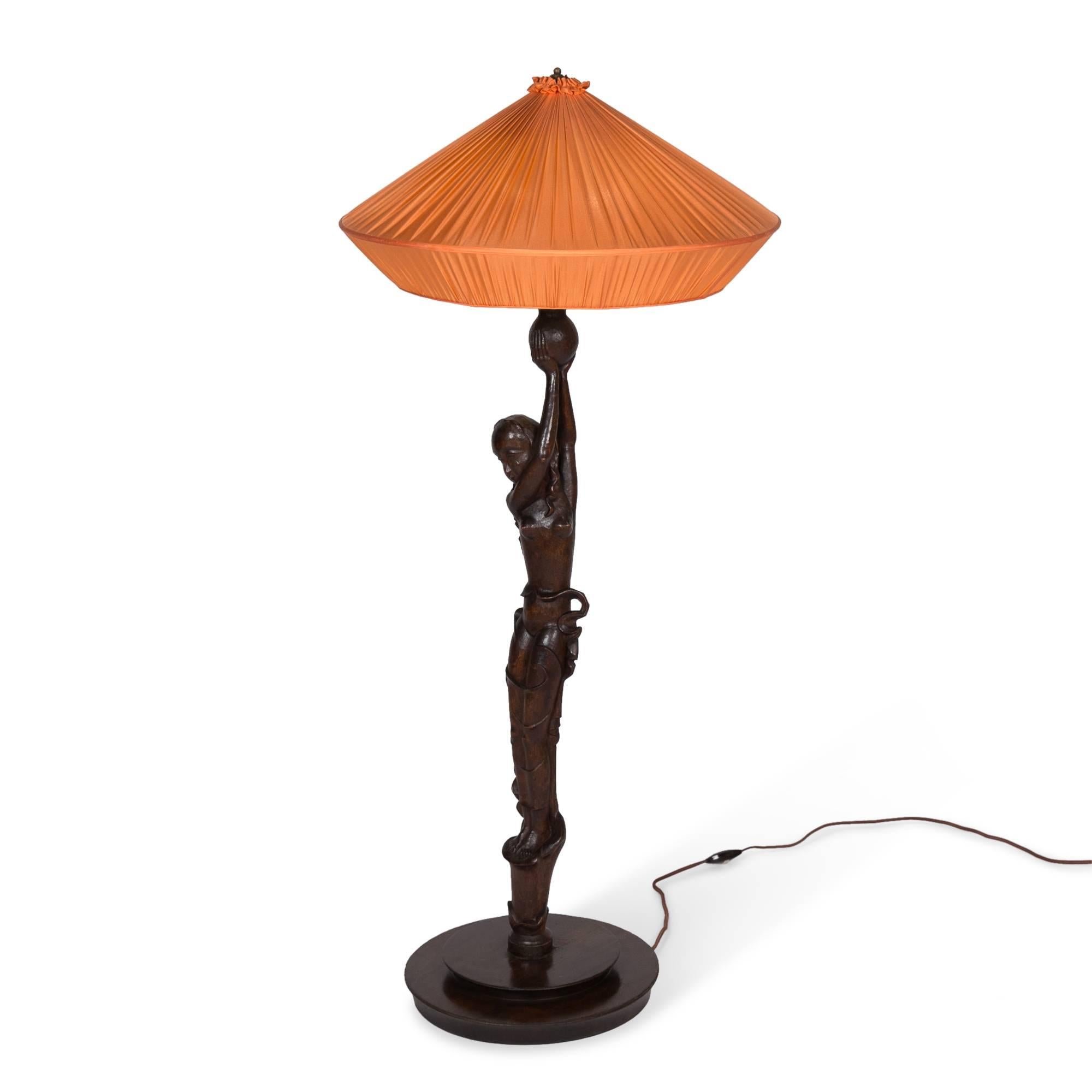 Silk Carved Wood Figural Tall Table or Floor Lamp, German, circa 1920 For Sale