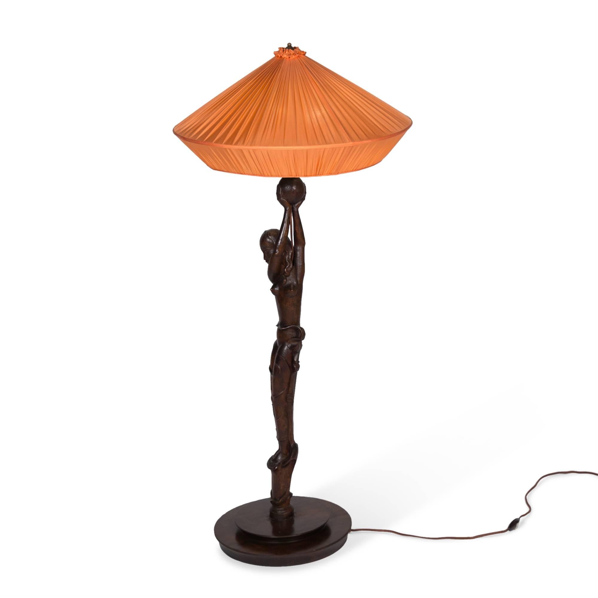 Early 20th Century Carved Wood Figural Tall Table or Floor Lamp, German, circa 1920 For Sale