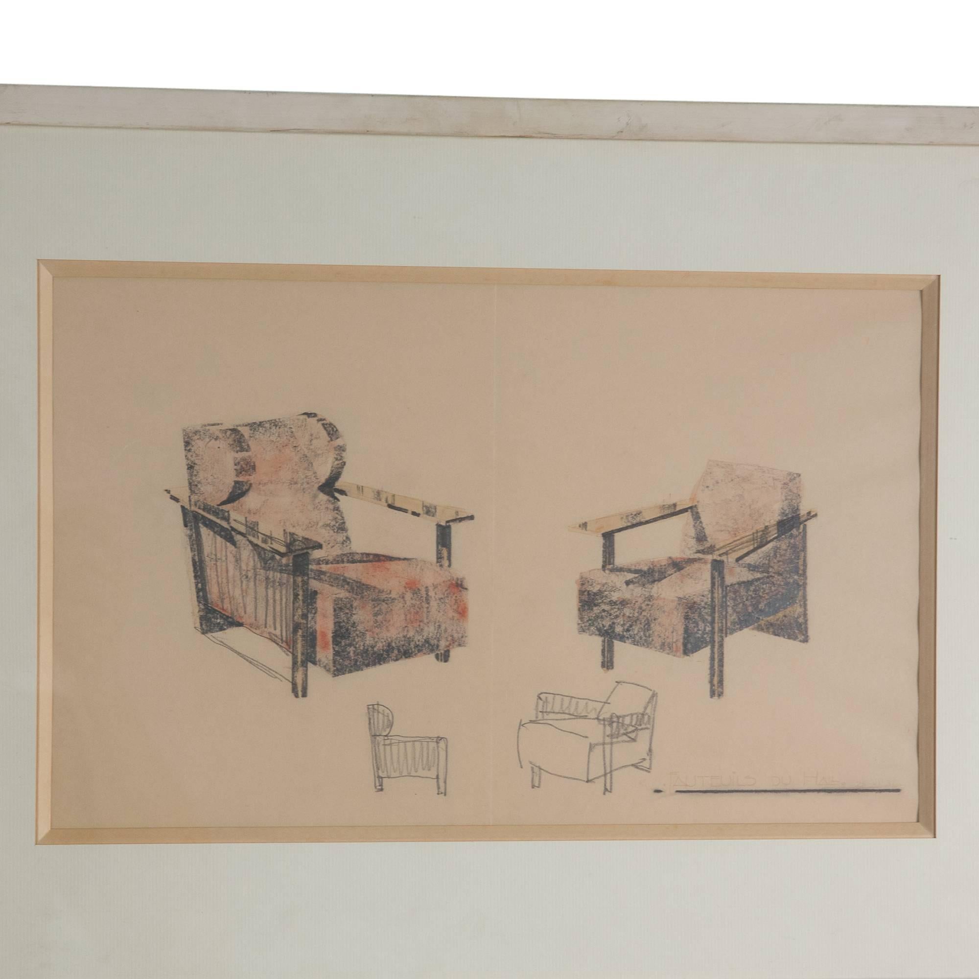 Perspective drawing of two 1930s armchairs, in pencil and colored pencil. France 1931. Dated. Ink stamp to back, as well as Felix Marcilhac label. Frame size 14 in x 19 in. Measures: Image size 8 1/2 in x 13 in. 