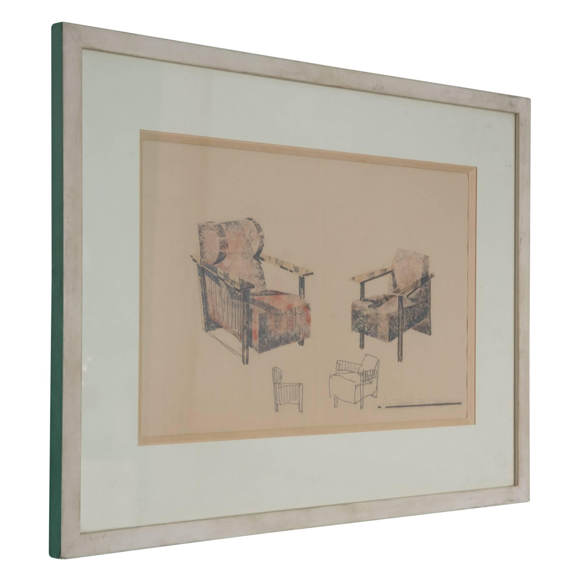 Art Deco Designer's Drawing of Two Armchairs, French, 1931 For Sale