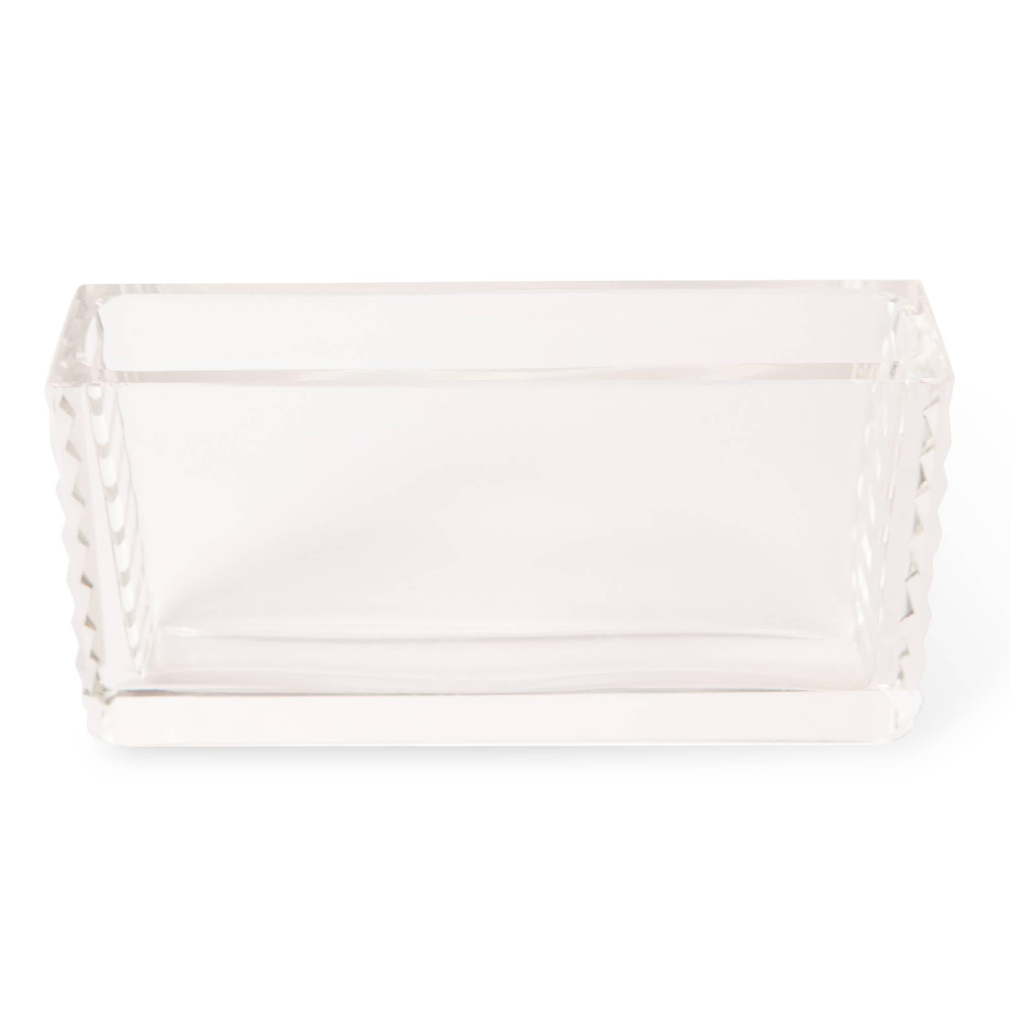 Narrow clear glass rectangular vase, with deeply incised and polished sides by Jean Luce, France, circa 1930. Signed. Measures: 8 1/4 in x 2 in, height 4 1/4 in.