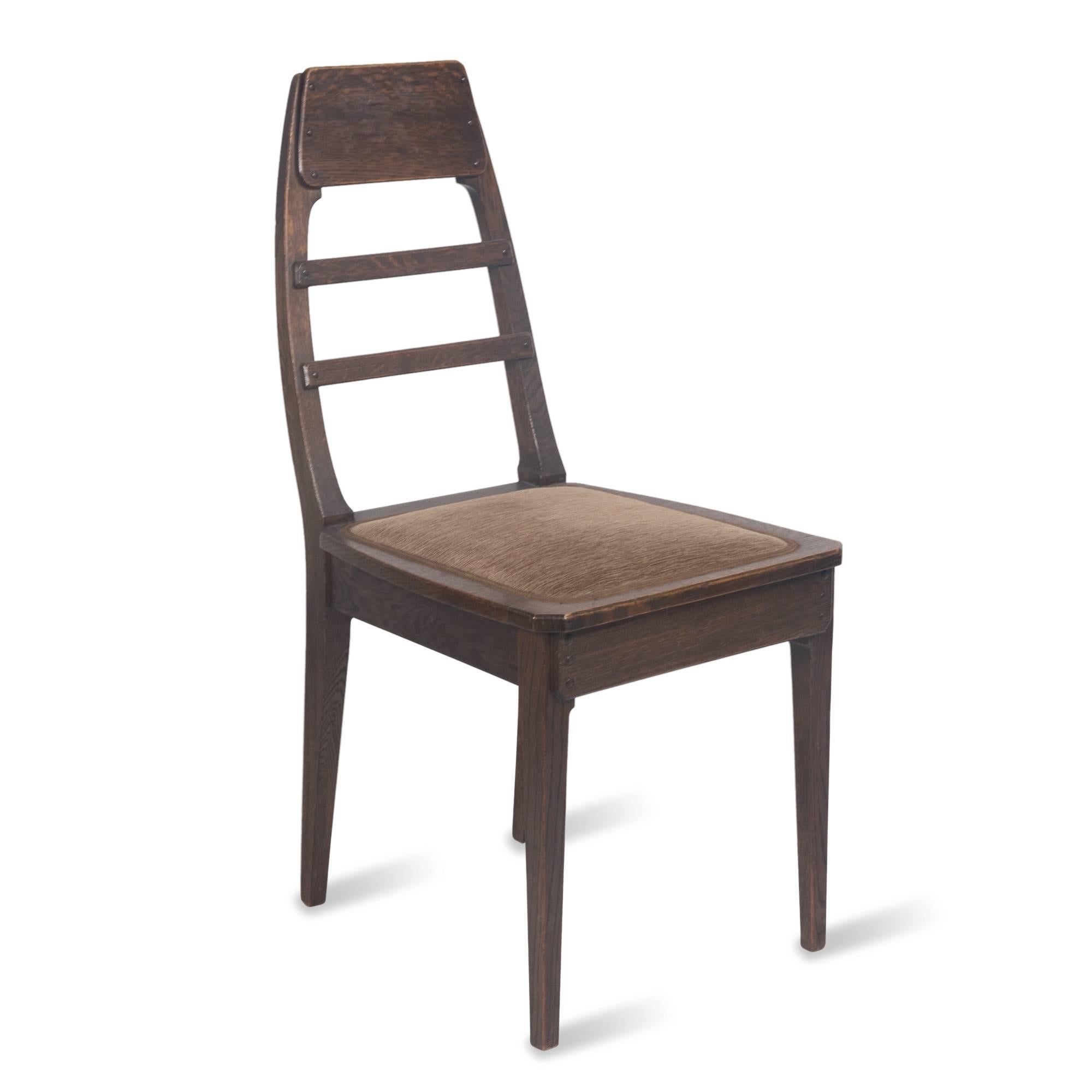Wood side chair, square seat and double slat back, gently rounded top, with wooden peg joinery, hand-stitched seat cushion, by Richard Riemerschmid, Germany, circa 1900. Measures: Back height 36 in, seat height 18 in, width 17 in, depth 23 in.