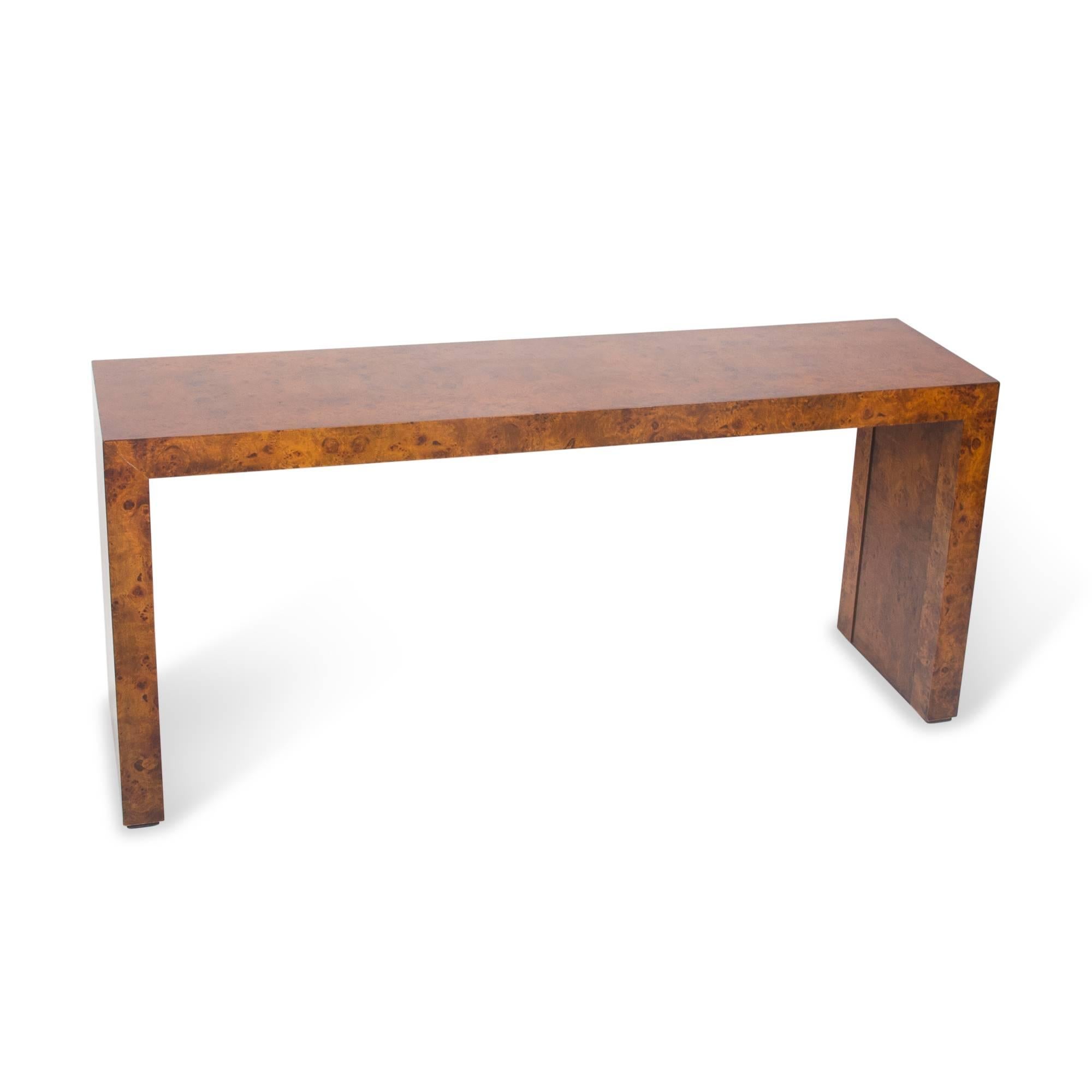 Burl wood Parsons style console table, United States, 1960s. Measures: Length 58 in, depth 15 in, height 26 in.