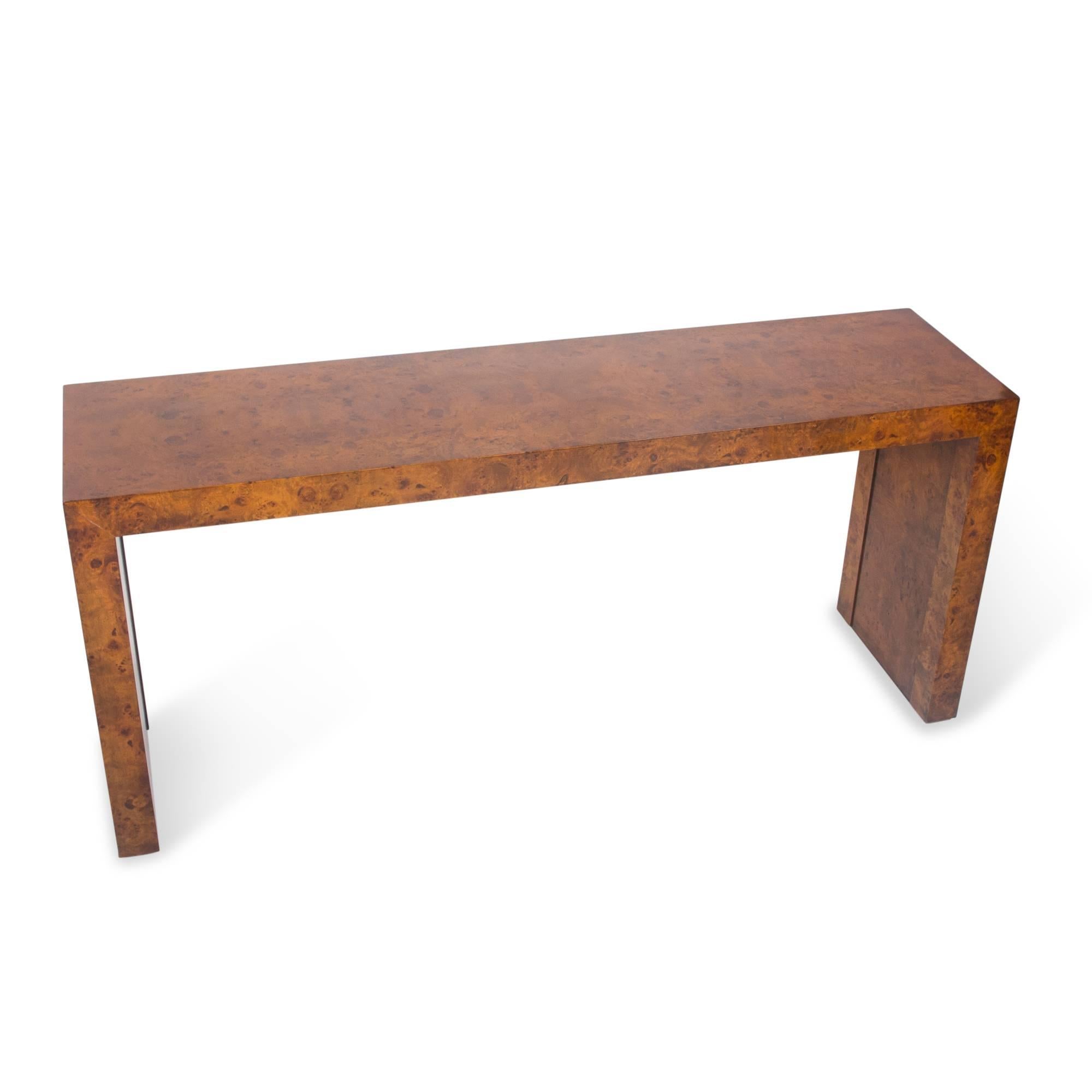 American Burl Wood Parsons Style Console Table For Sale