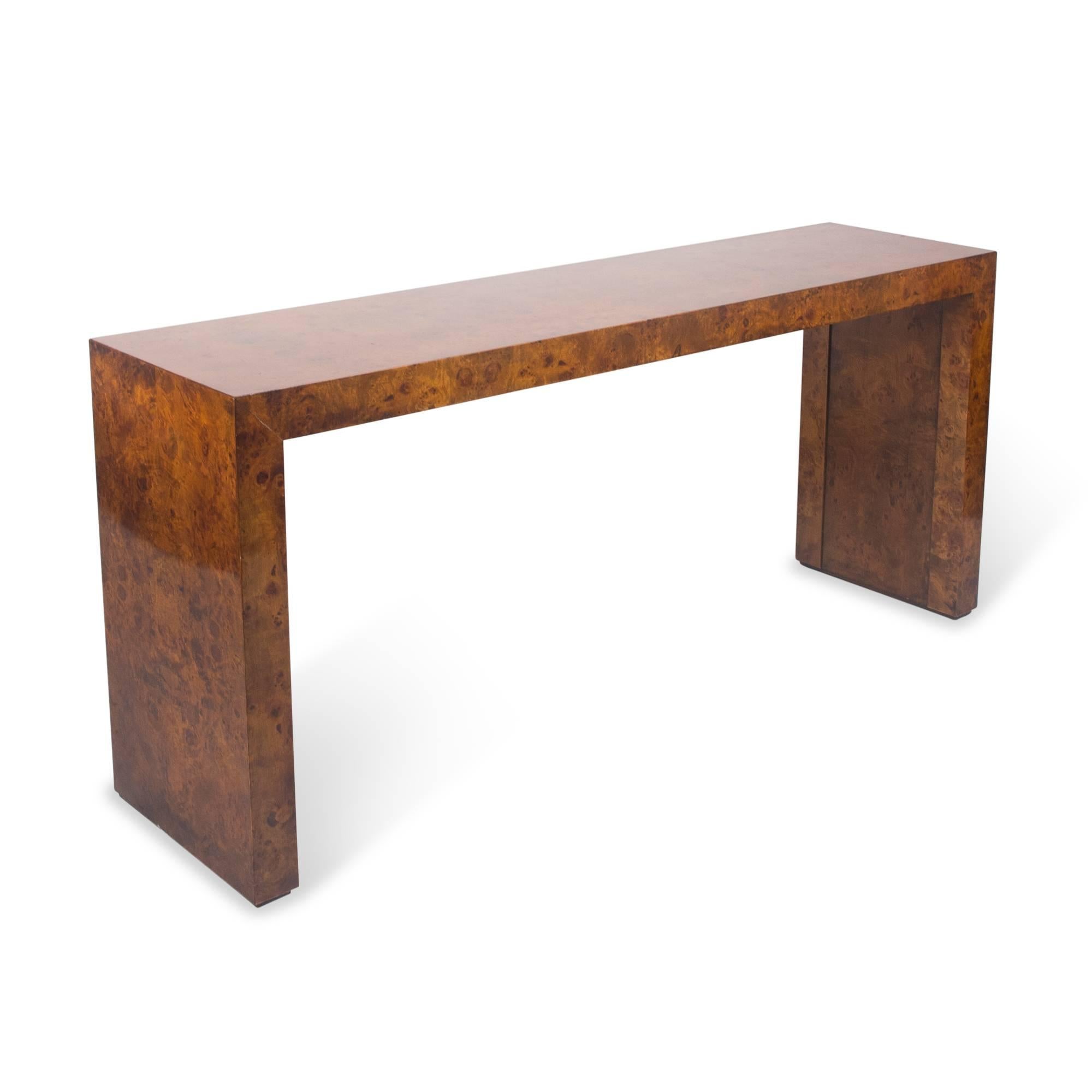 Burl Wood Parsons Style Console Table In Excellent Condition For Sale In Hoboken, NJ